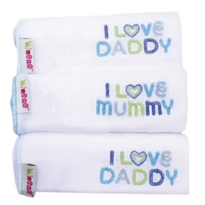 100% Cotton Muslin Squares I Love Mommy/Daddy 3pk