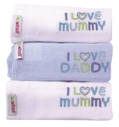 100% Cotton Muslin Squares I Love Mommy/Daddy 3pk