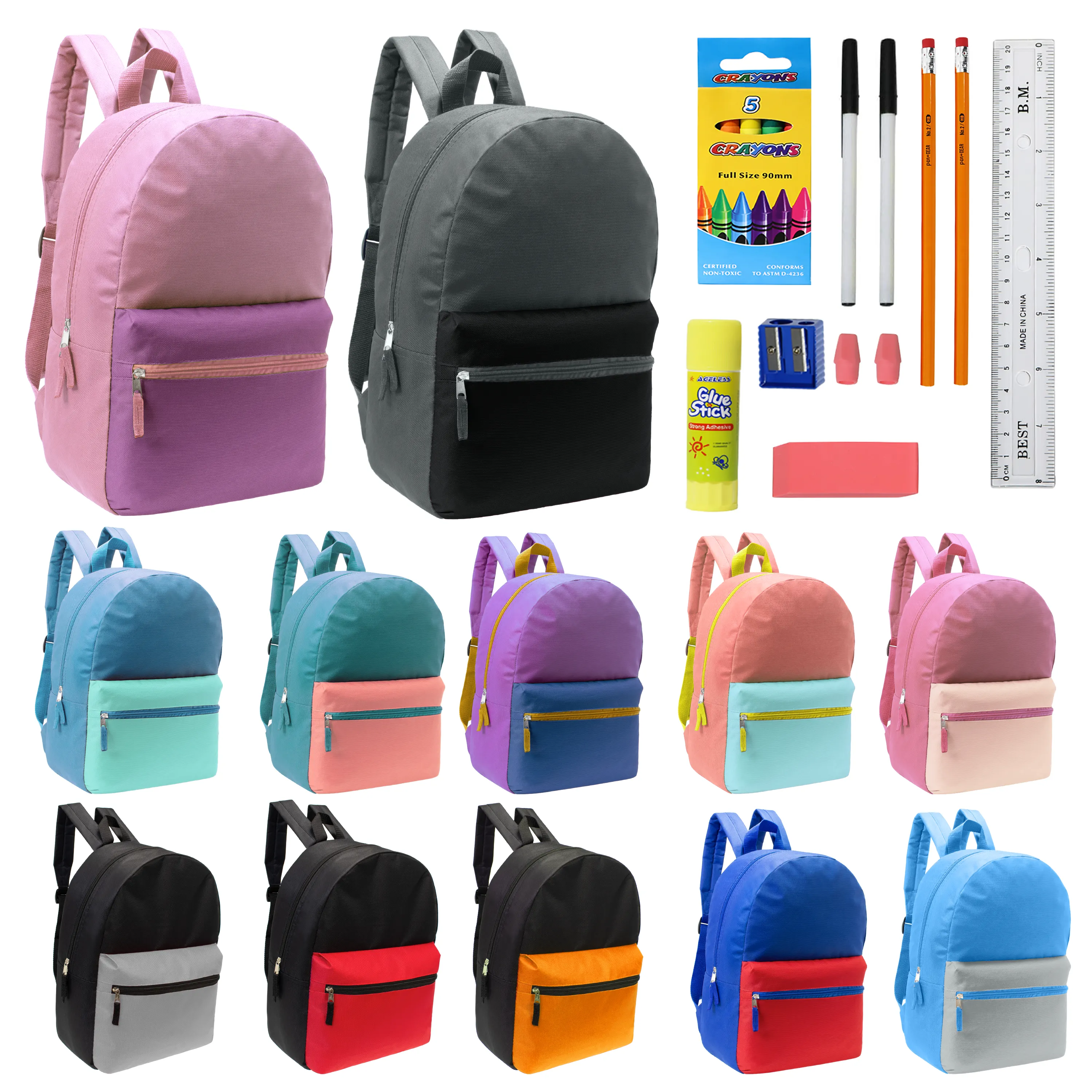 12 Wholesale 17" Two Tone Backpacks in 12 Assorted Colors & 12 Bulk School Supply Kits of Your Choice