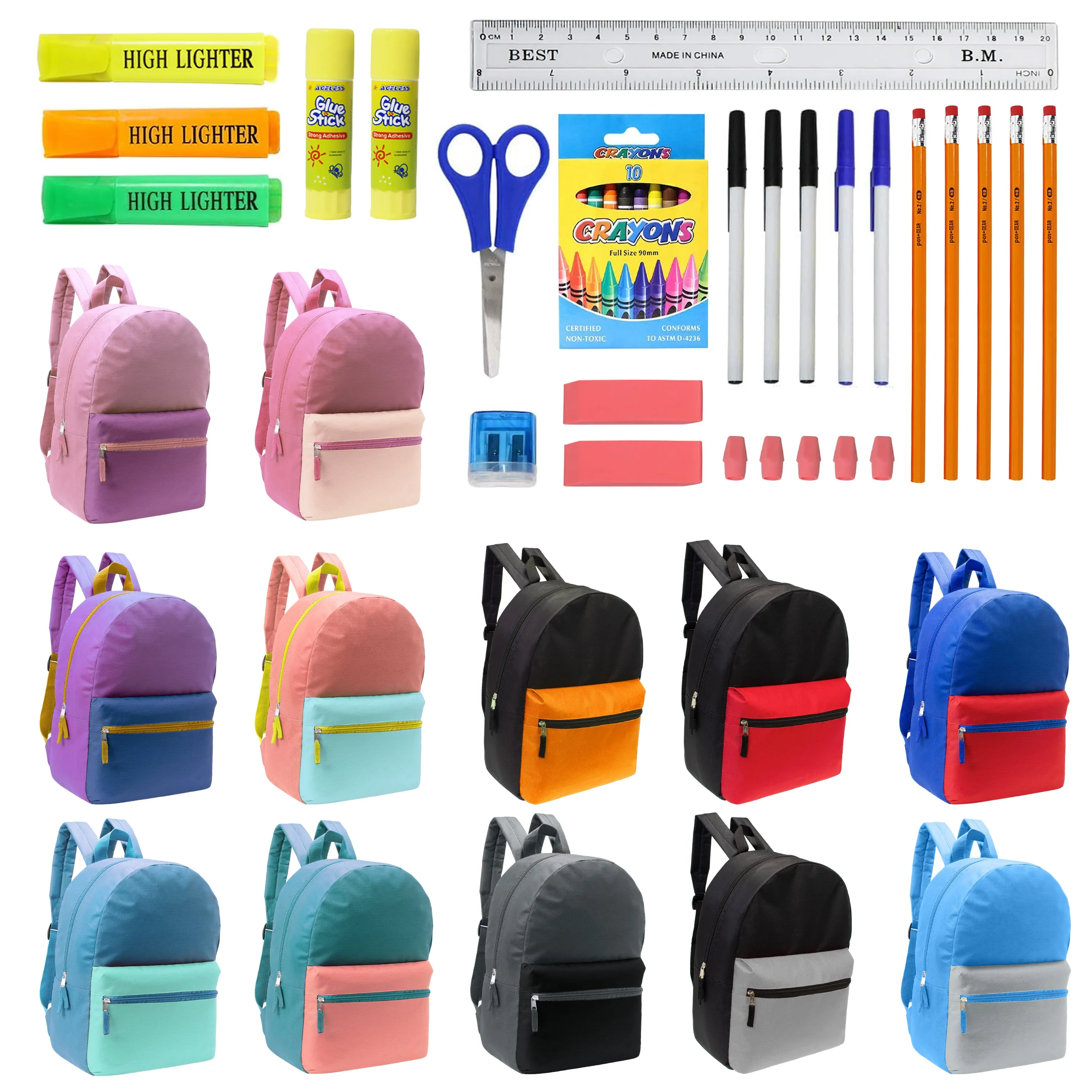 12 Wholesale 17" Two Tone Backpacks in 12 Assorted Colors & 12 Bulk School Supply Kits of Your Choice