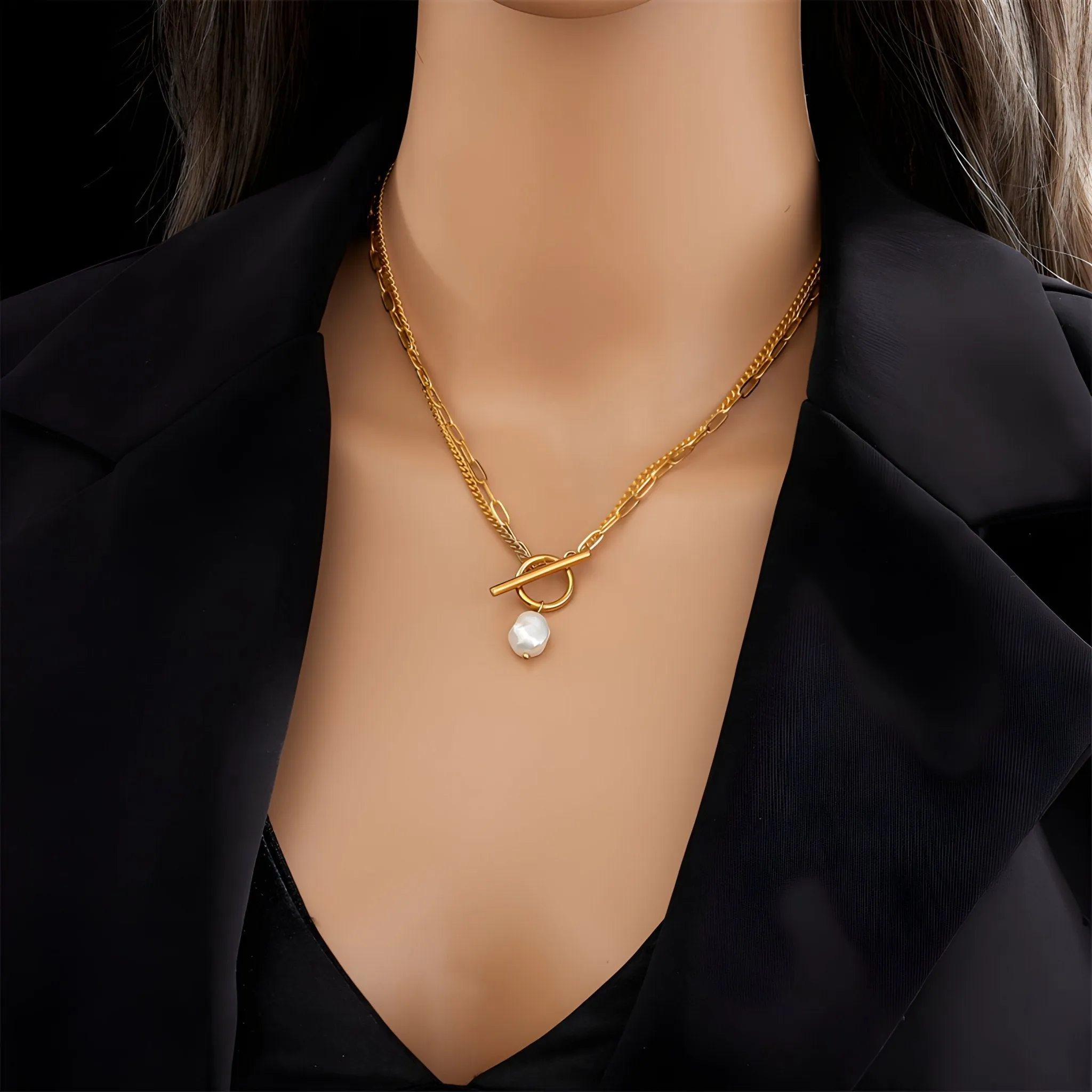 18K Gold Plated Toggle Baroque Pearl Necklace