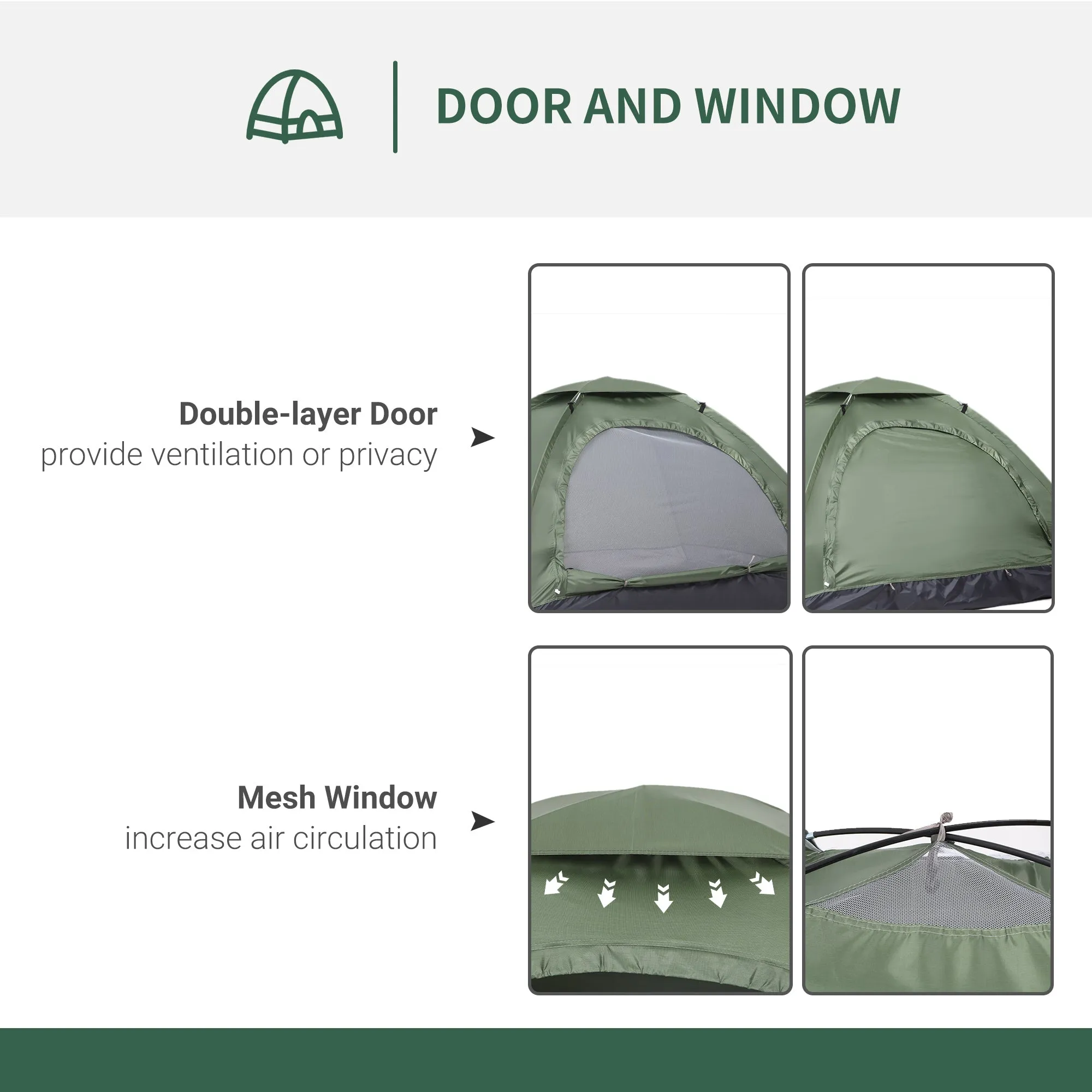 2 Person Camping Tent, Camouflage Tent with Zipped Doors, Storage Pocket, Portable Handy Bag, Green