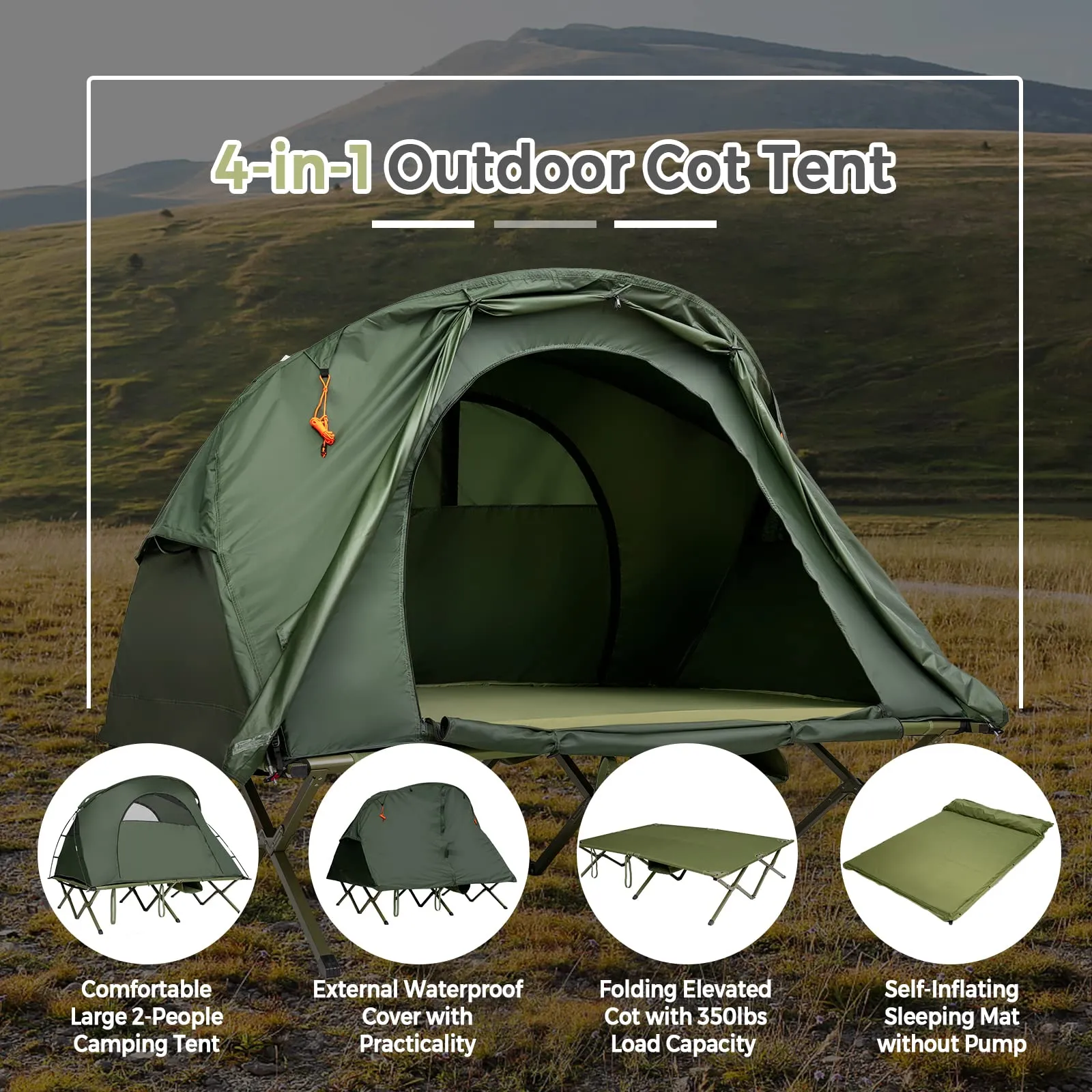 4-in-1 Folding Tent for 2 Persons W/Waterproof Cover & Self-Inflating Mattress & Roller Carrying Bag