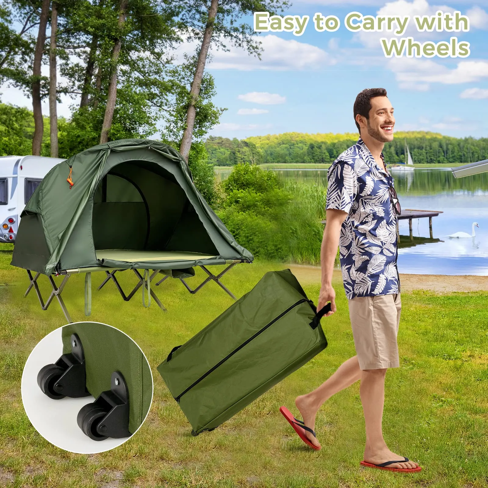 4-in-1 Folding Tent for 2 Persons W/Waterproof Cover & Self-Inflating Mattress & Roller Carrying Bag