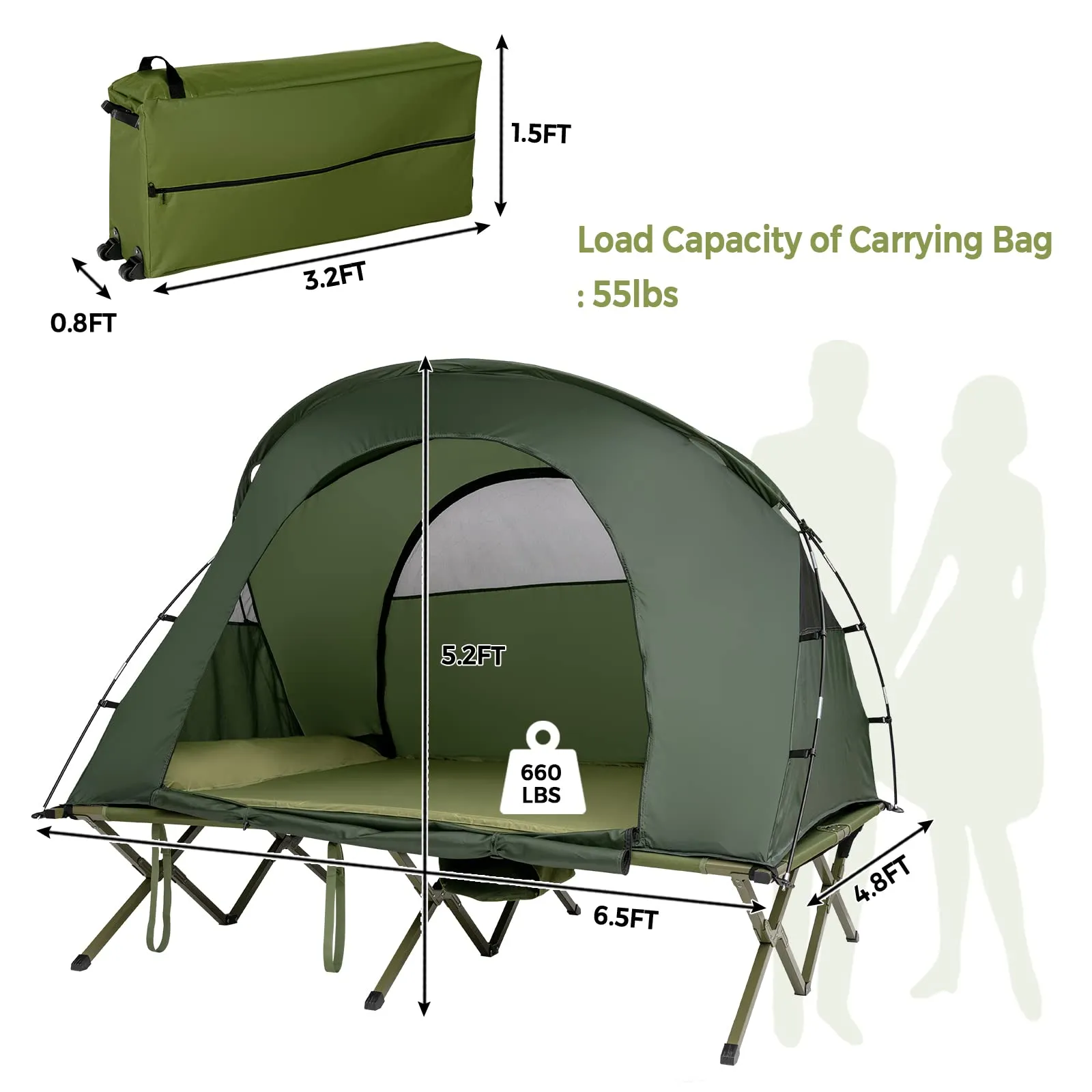 4-in-1 Folding Tent for 2 Persons W/Waterproof Cover & Self-Inflating Mattress & Roller Carrying Bag