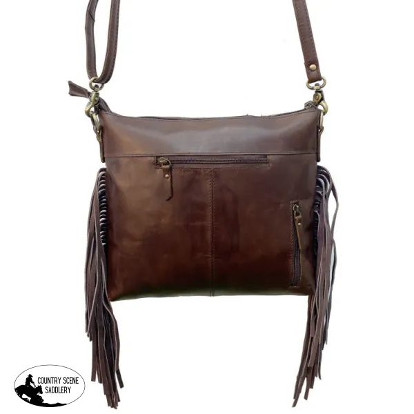 78123 Klassy Cowgirl Genuine Hair-on Cowhide Leather Fringe Tooled Crossbody Bag