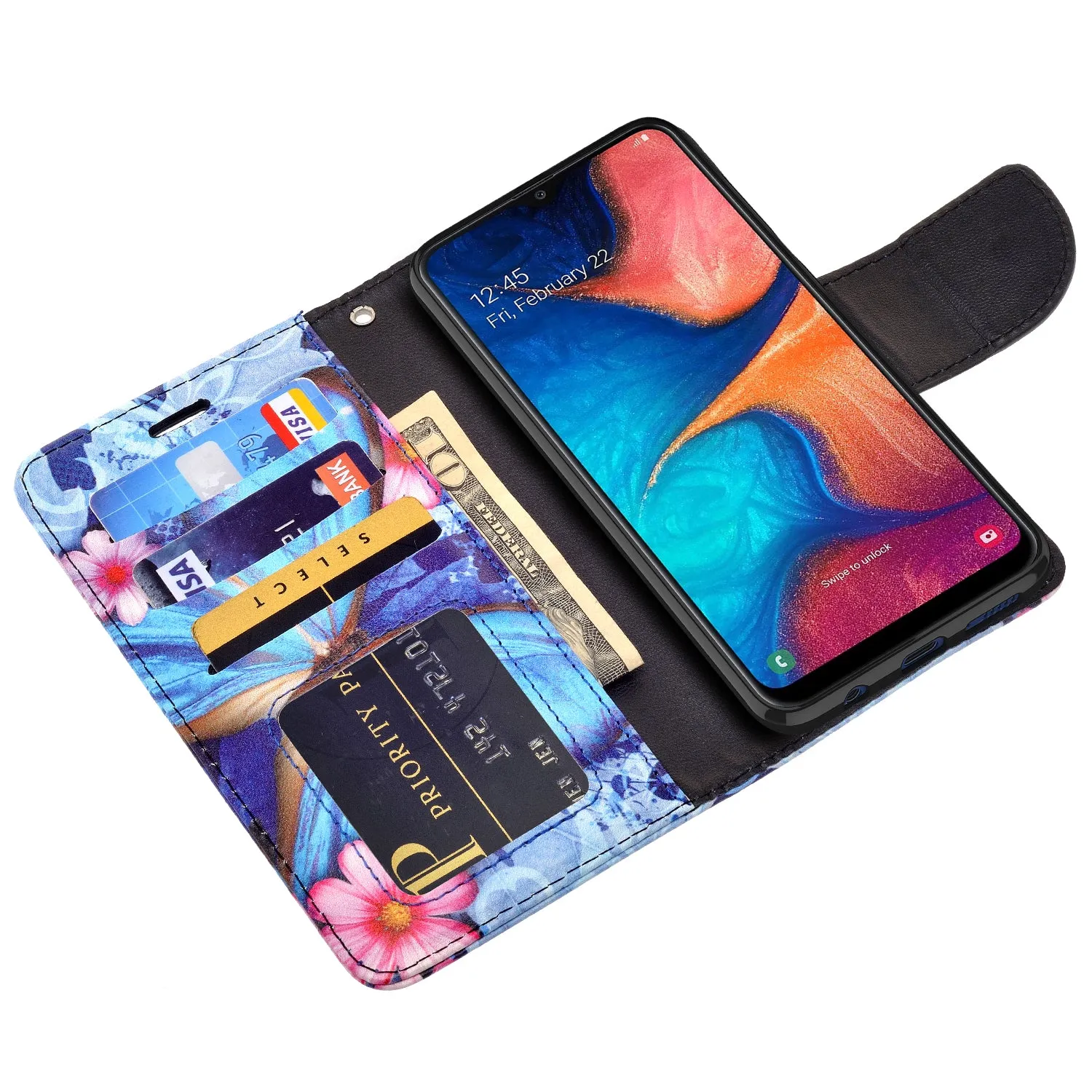 Alcatel 3V (2019) Case, 3V (2019) Wallet Case, Wrist Strap Pu Leather Wallet Case [Kickstand] with ID & Credit Card Slots - Blue Butterfly