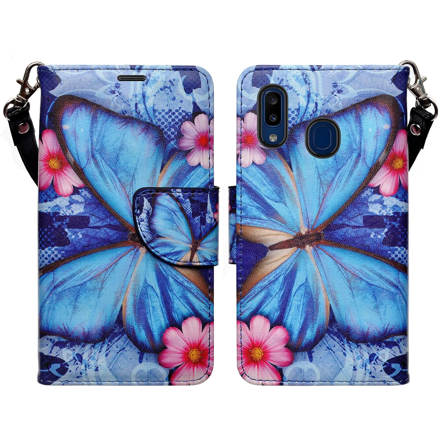 Alcatel 3V (2019) Case, 3V (2019) Wallet Case, Wrist Strap Pu Leather Wallet Case [Kickstand] with ID & Credit Card Slots - Blue Butterfly