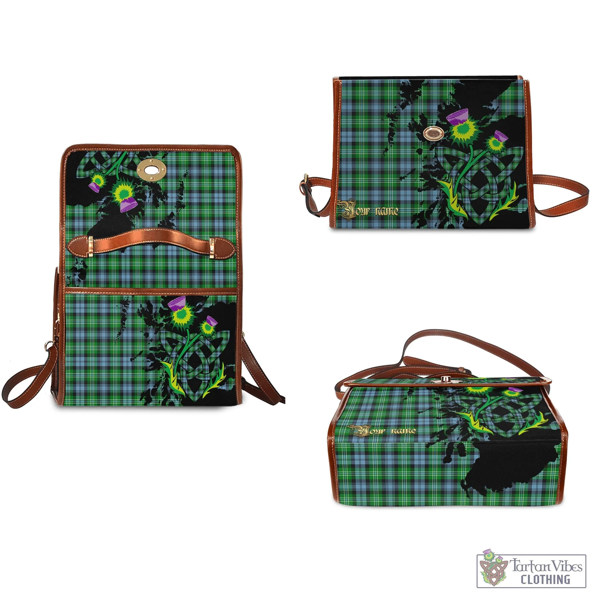 Arbuthnot Ancient Tartan Waterproof Canvas Bag with Scotland Map and Thistle Celtic Accents