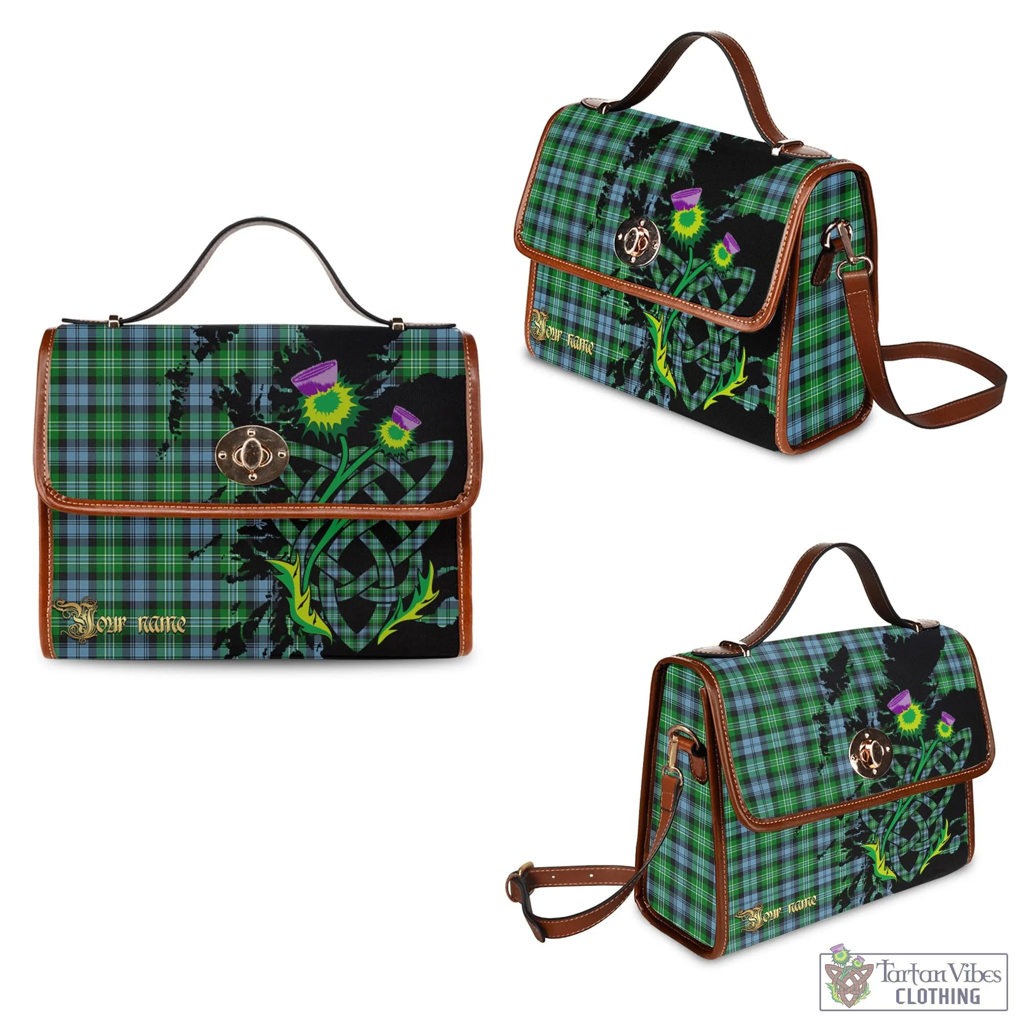 Arbuthnot Ancient Tartan Waterproof Canvas Bag with Scotland Map and Thistle Celtic Accents