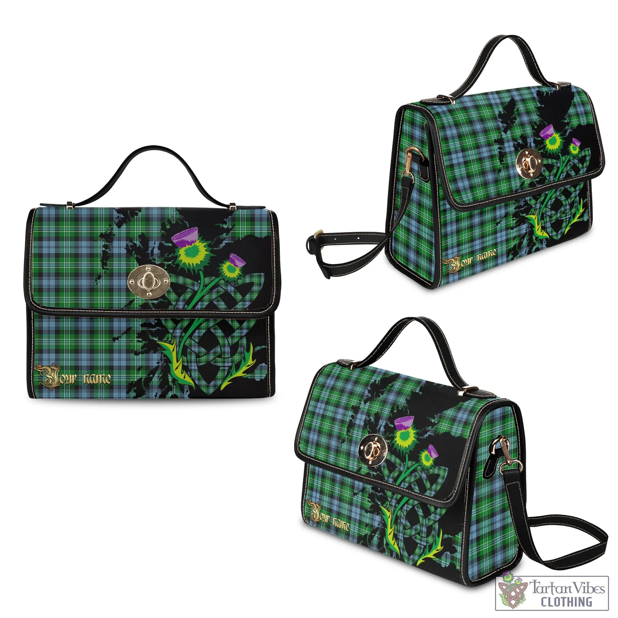 Arbuthnot Ancient Tartan Waterproof Canvas Bag with Scotland Map and Thistle Celtic Accents