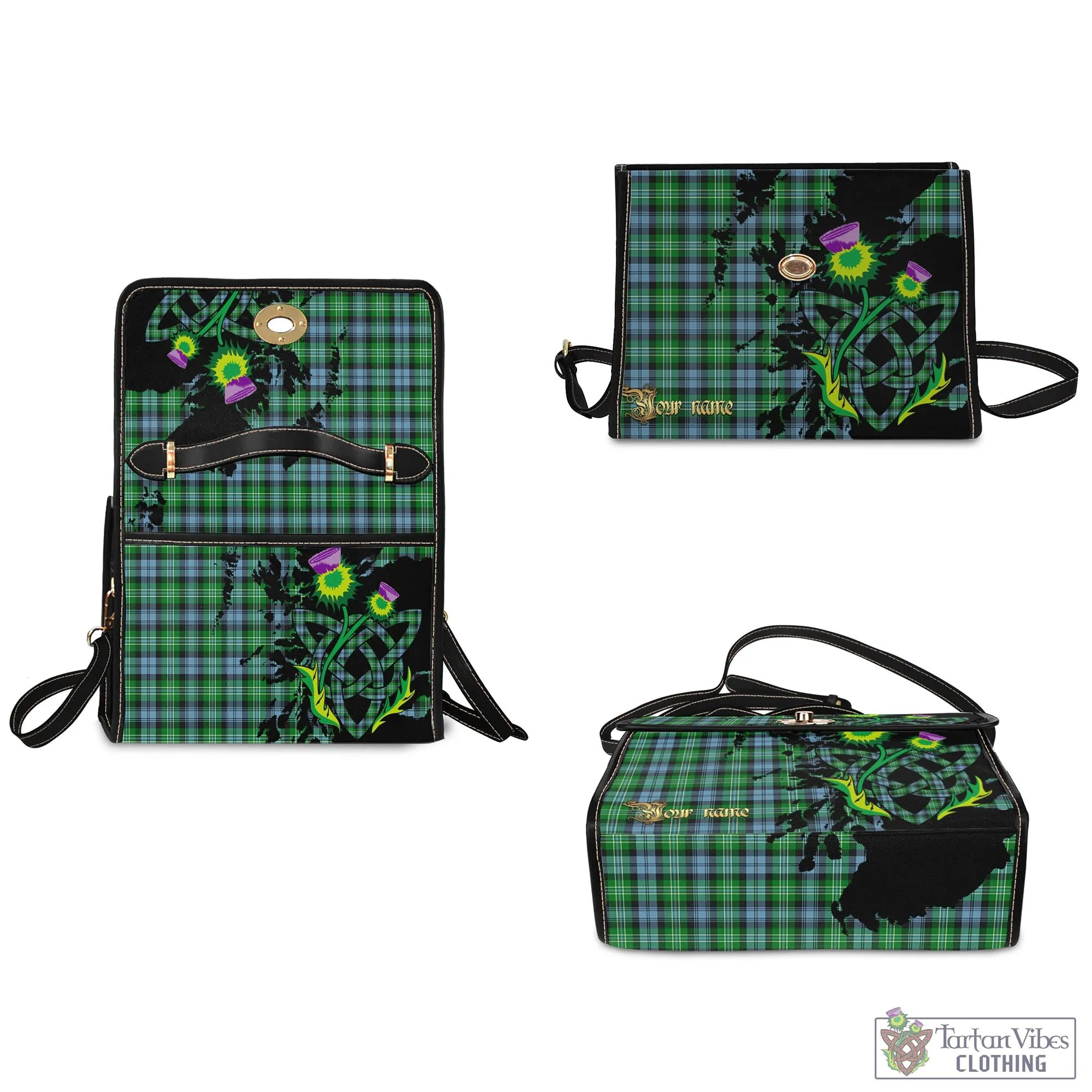 Arbuthnot Ancient Tartan Waterproof Canvas Bag with Scotland Map and Thistle Celtic Accents