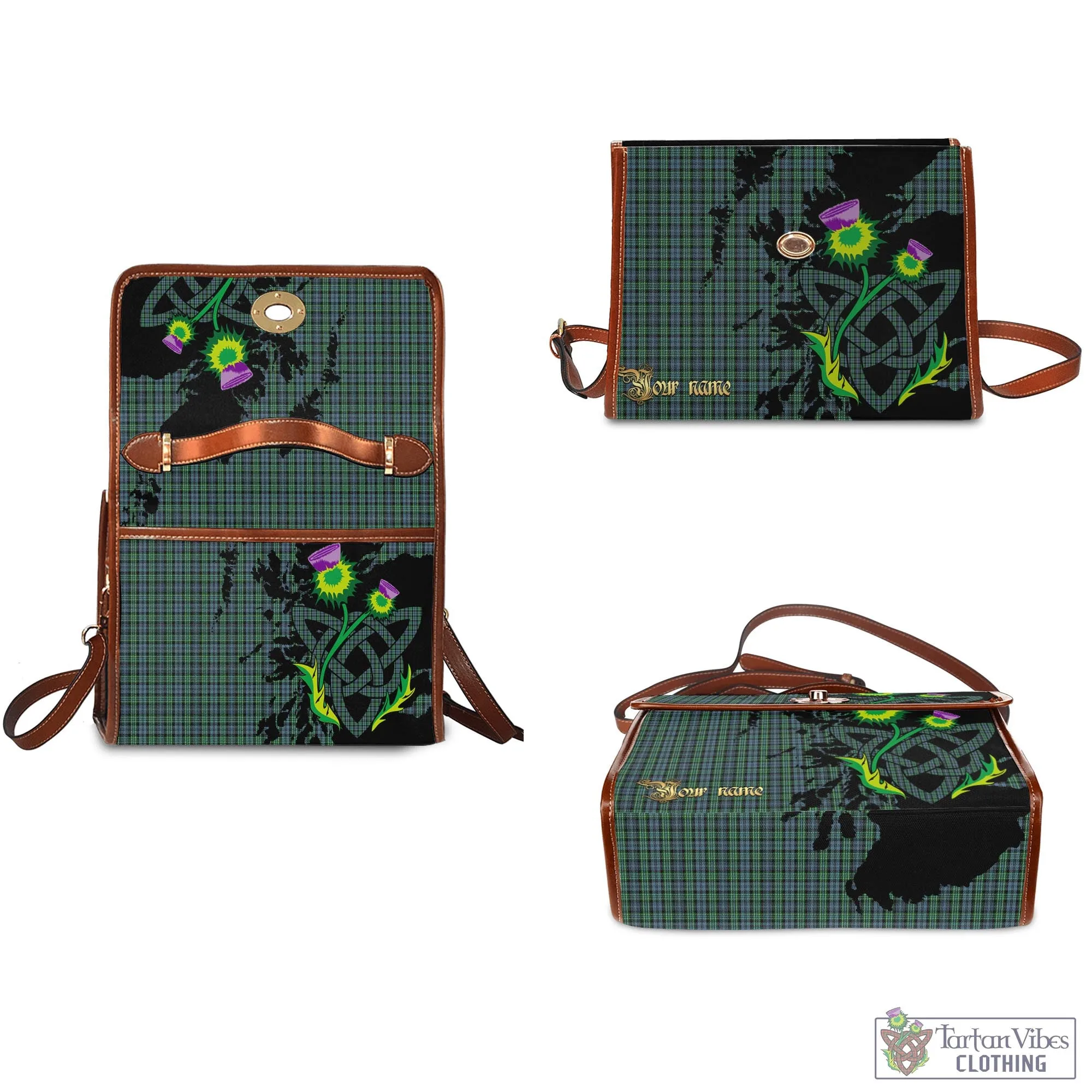 Arbuthnot Tartan Waterproof Canvas Bag with Scotland Map and Thistle Celtic Accents