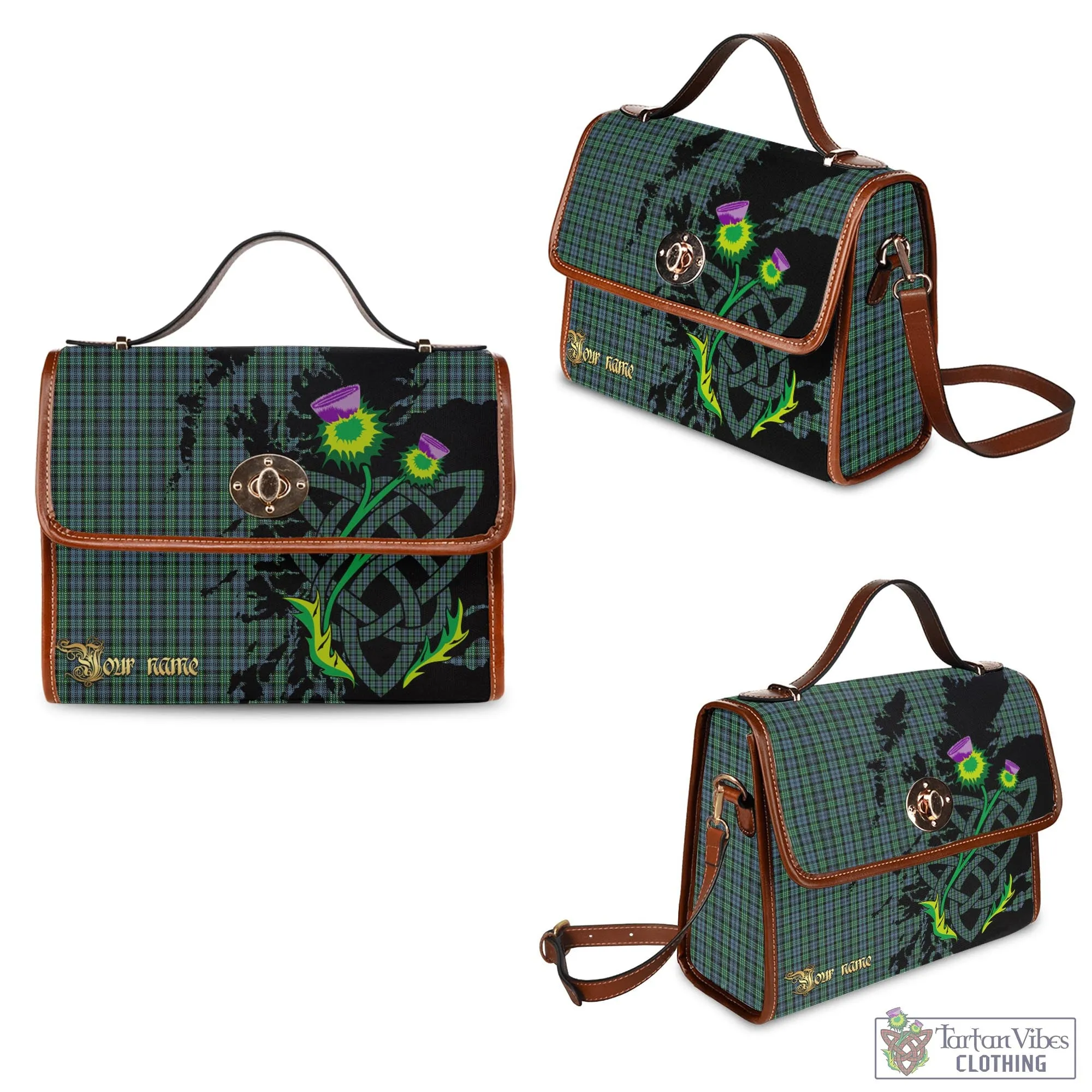 Arbuthnot Tartan Waterproof Canvas Bag with Scotland Map and Thistle Celtic Accents