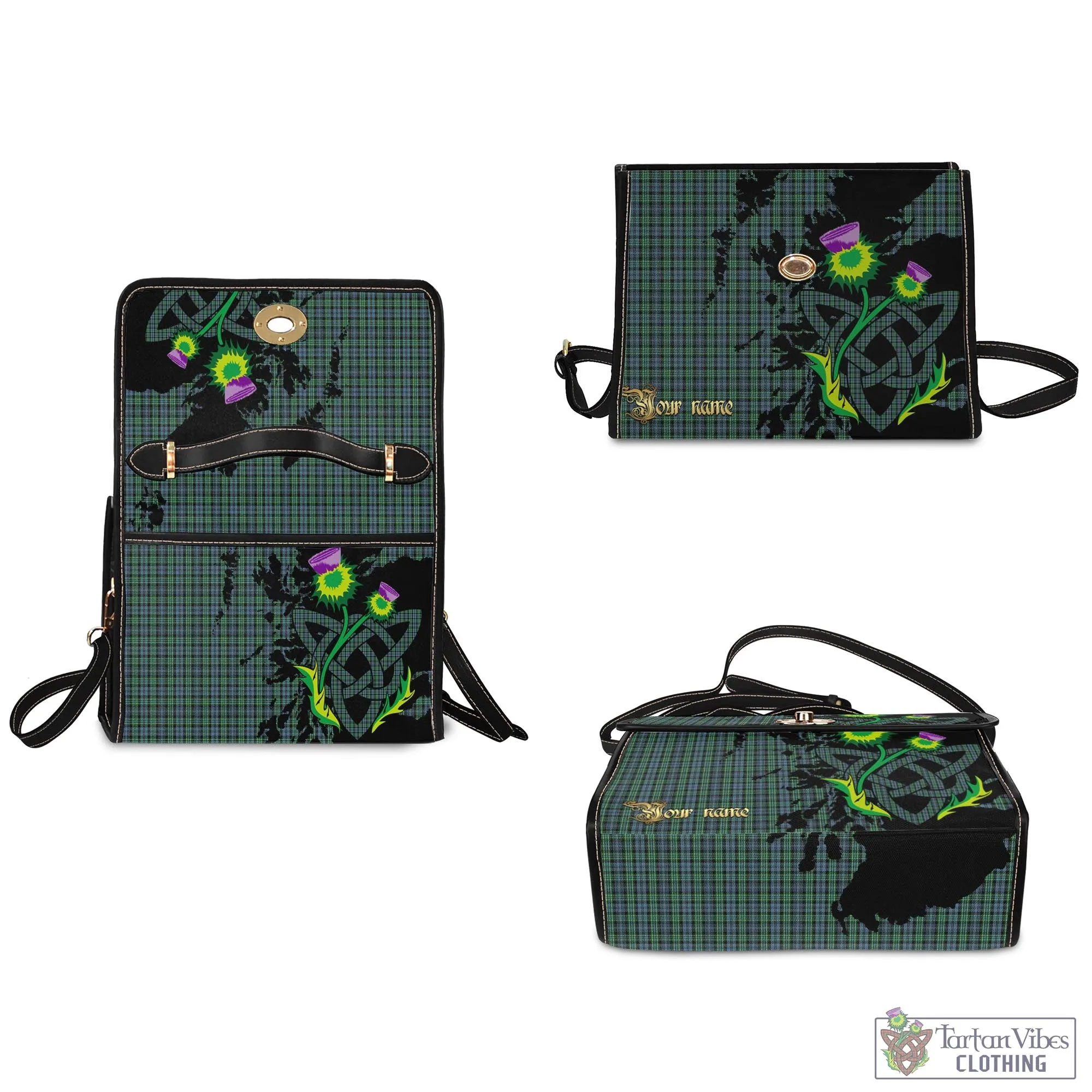 Arbuthnot Tartan Waterproof Canvas Bag with Scotland Map and Thistle Celtic Accents