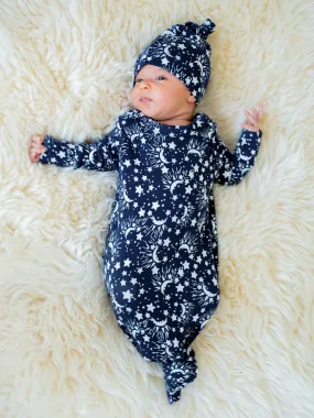 Baby Knotted Gown & Hat Set | Navy Stars