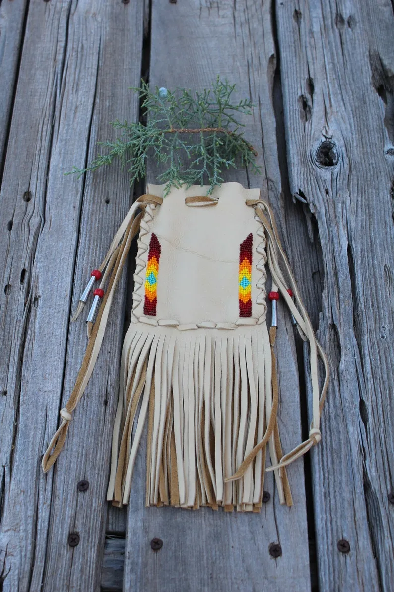 Beaded buckskin medicine bag, fringed leather medicine bag