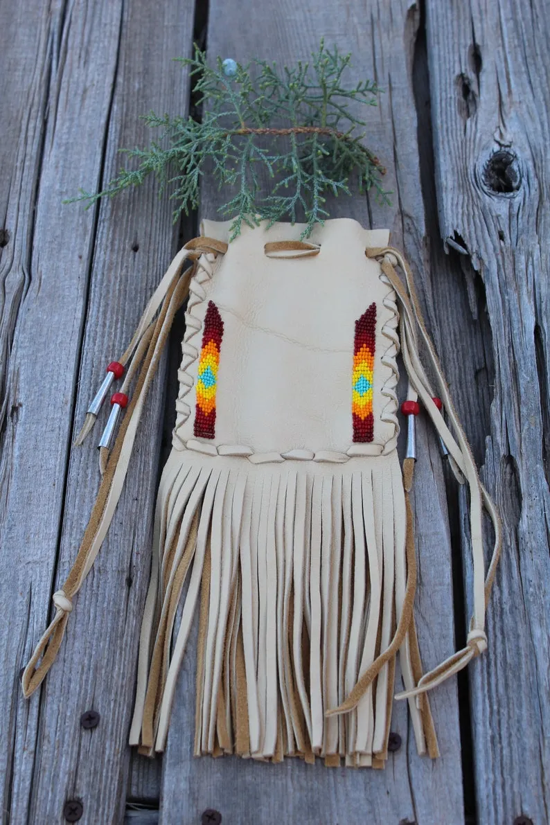 Beaded buckskin medicine bag, fringed leather medicine bag