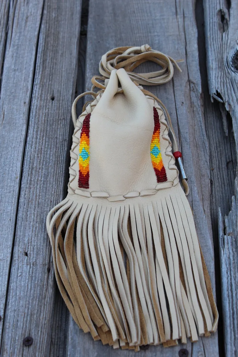 Beaded buckskin medicine bag, fringed leather medicine bag