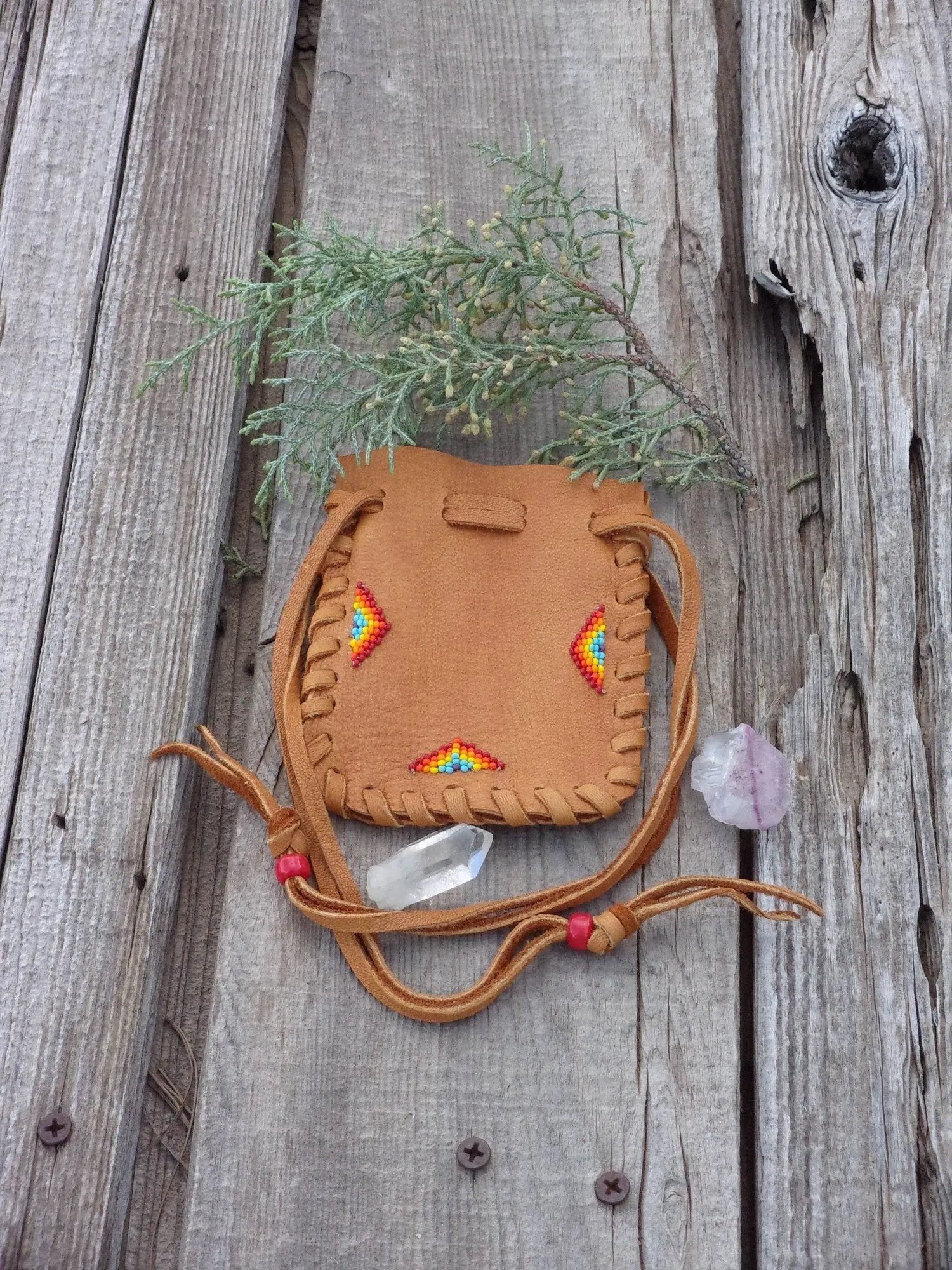 Beaded leather pouch , drawstring medicine bag