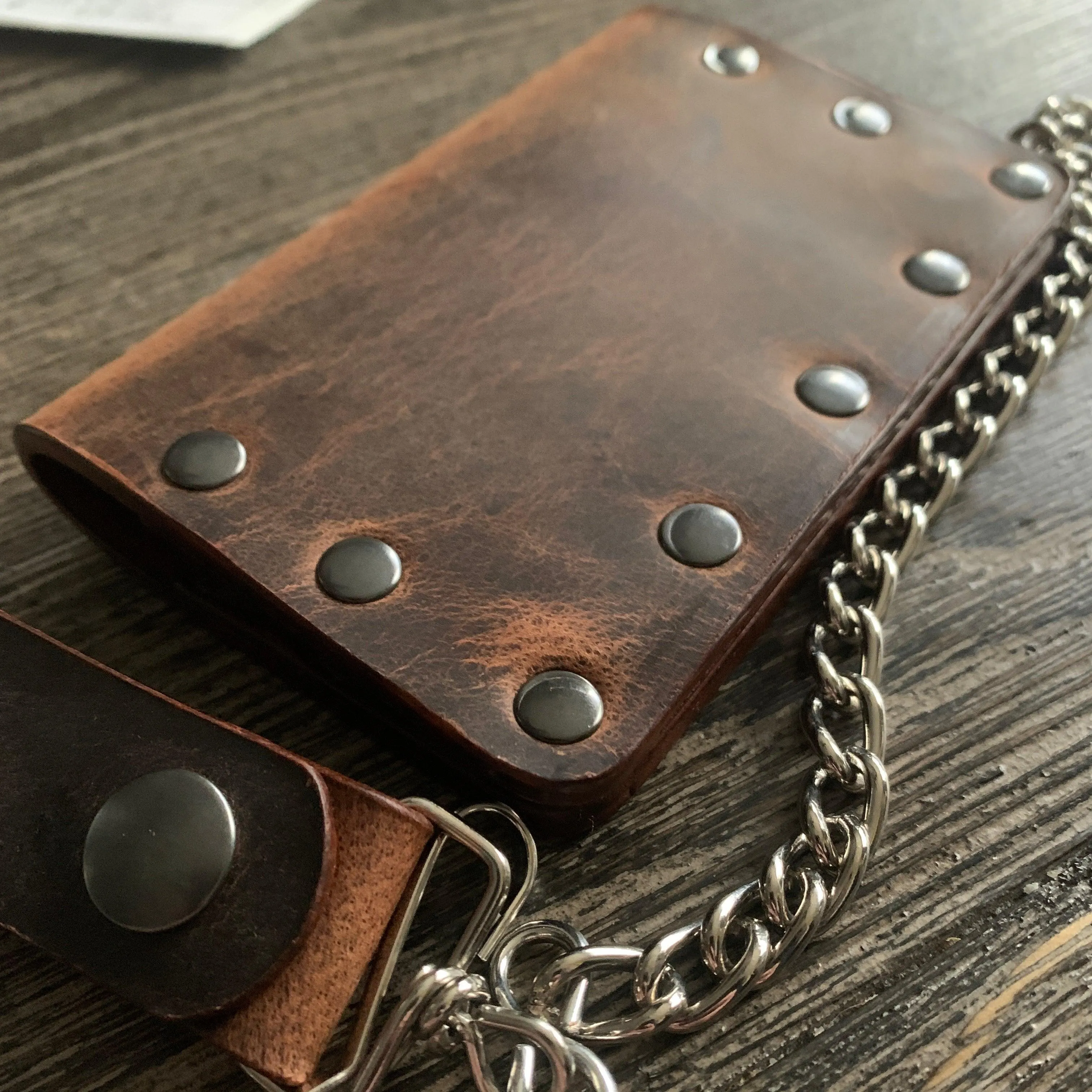 Biker Bifold Chain Wallet- Crazy Horse Buffalo Leather