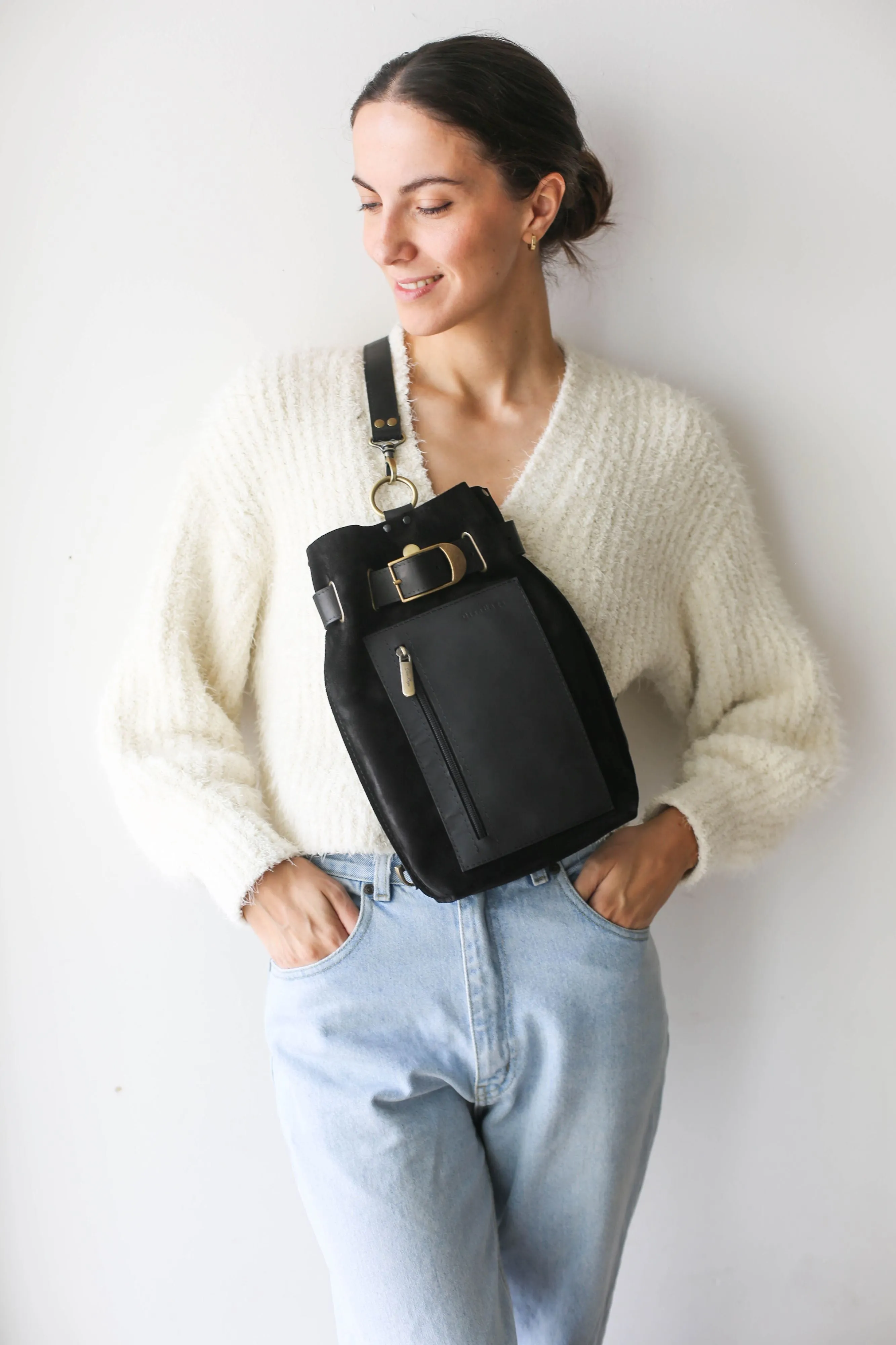 Black Suede Sling Backpack