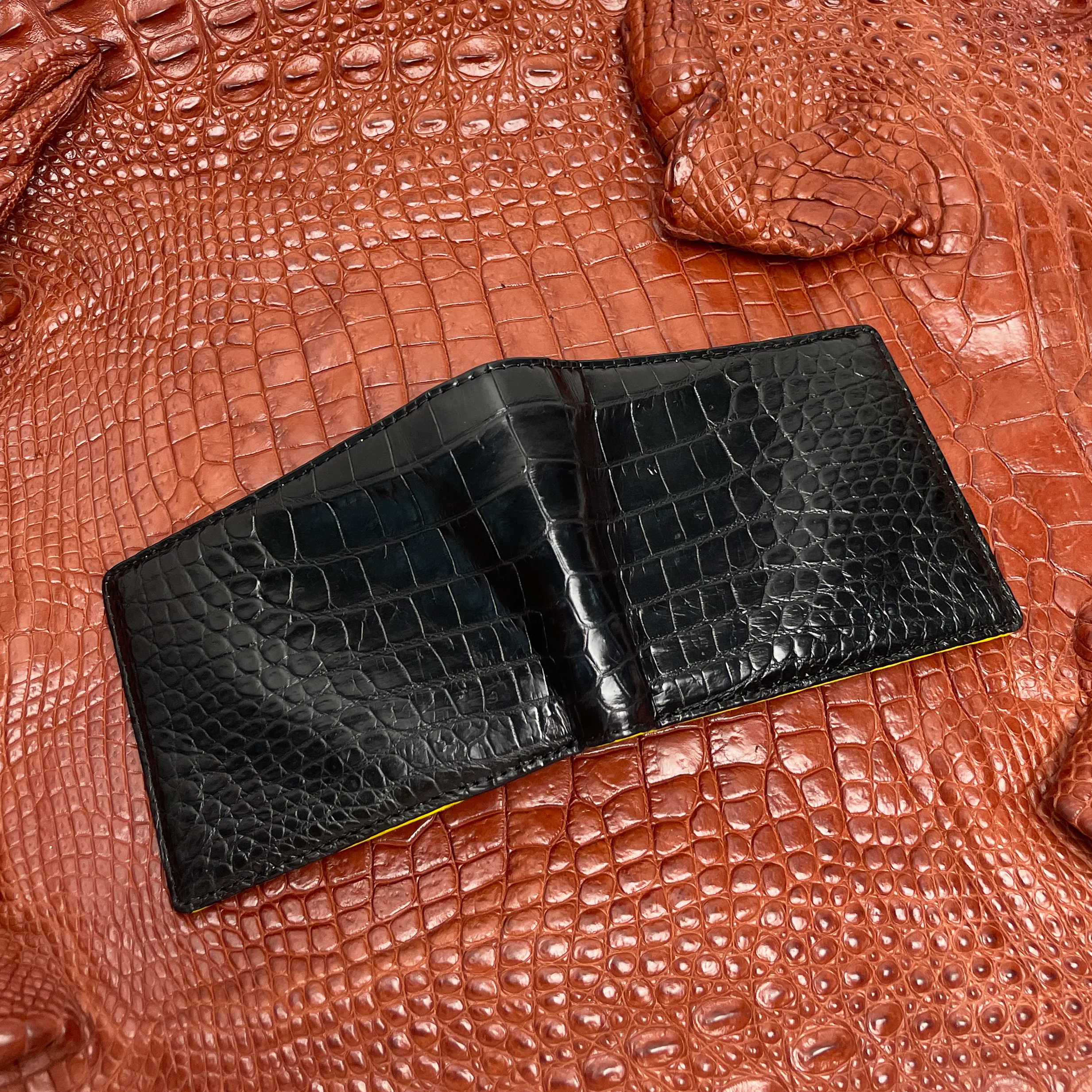 Black Yellow Double Side Alligator Leather Classic Bifold Wallet For Men | Handmade Crocodile Belly Leather Wallet RFID Blocking | VILE-219