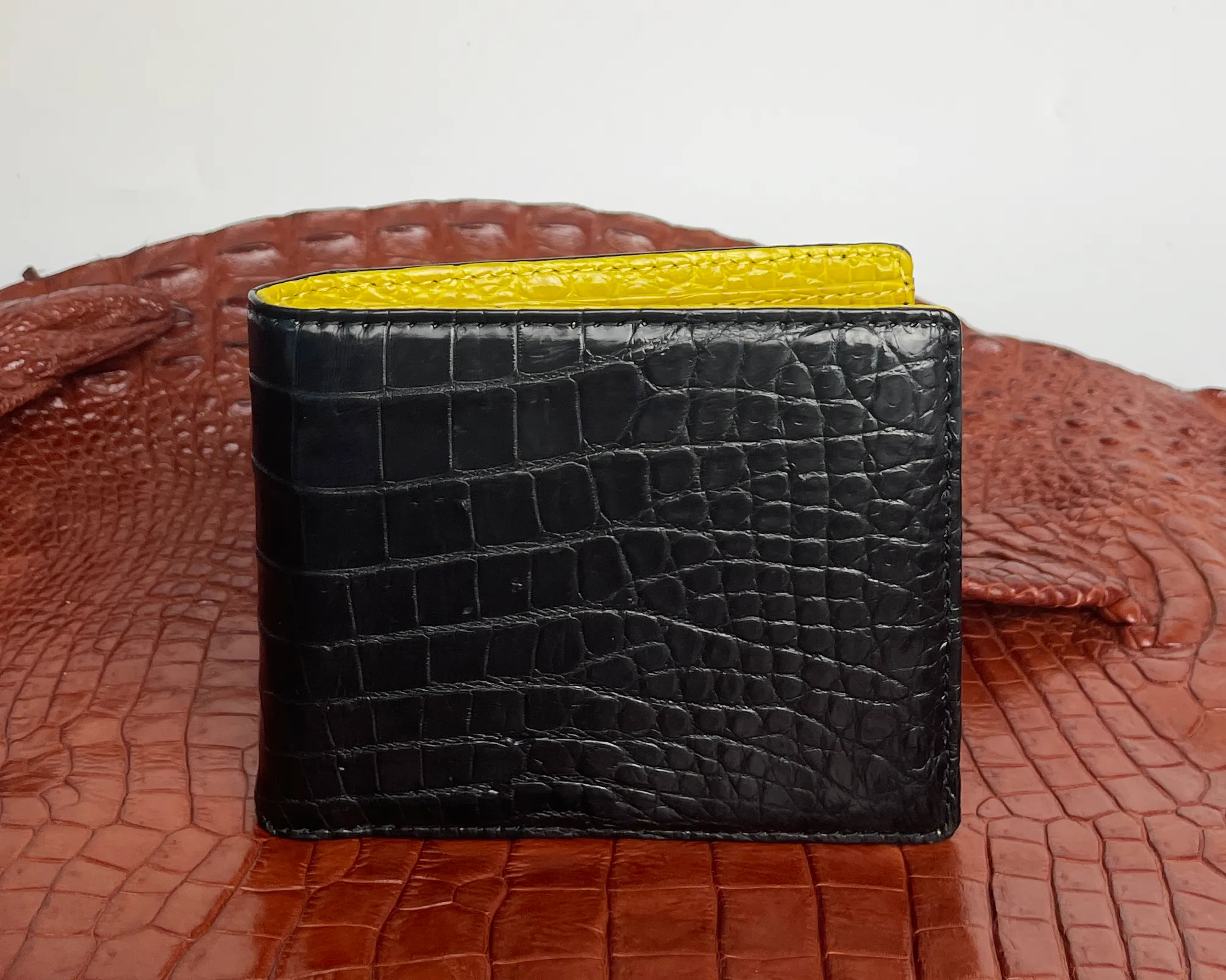 Black Yellow Double Side Alligator Leather Classic Bifold Wallet For Men | Handmade Crocodile Belly Leather Wallet RFID Blocking | VILE-219