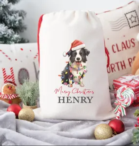 Border Collie Bulldog Personalised LARGE Christmas Eve Sack, 50 x 70cm. Christmas Collie, Santa Paws