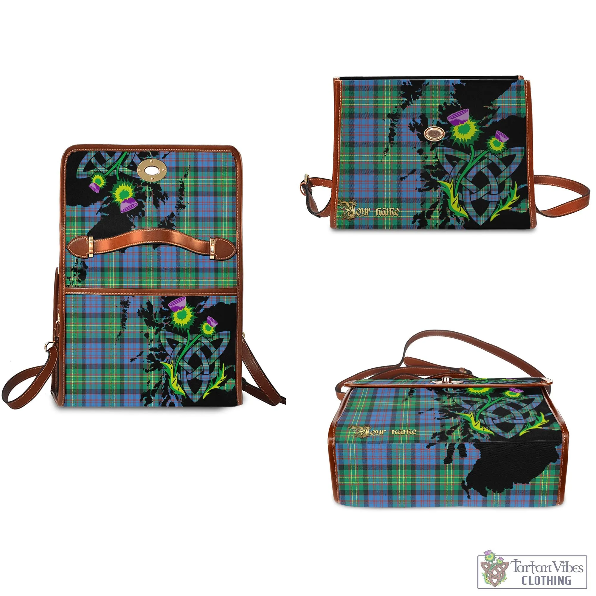 Bowie Ancient Tartan Waterproof Canvas Bag with Scotland Map and Thistle Celtic Accents