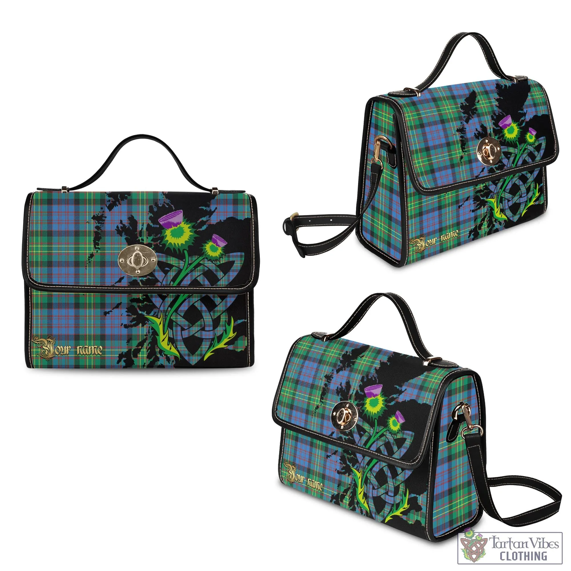 Bowie Ancient Tartan Waterproof Canvas Bag with Scotland Map and Thistle Celtic Accents