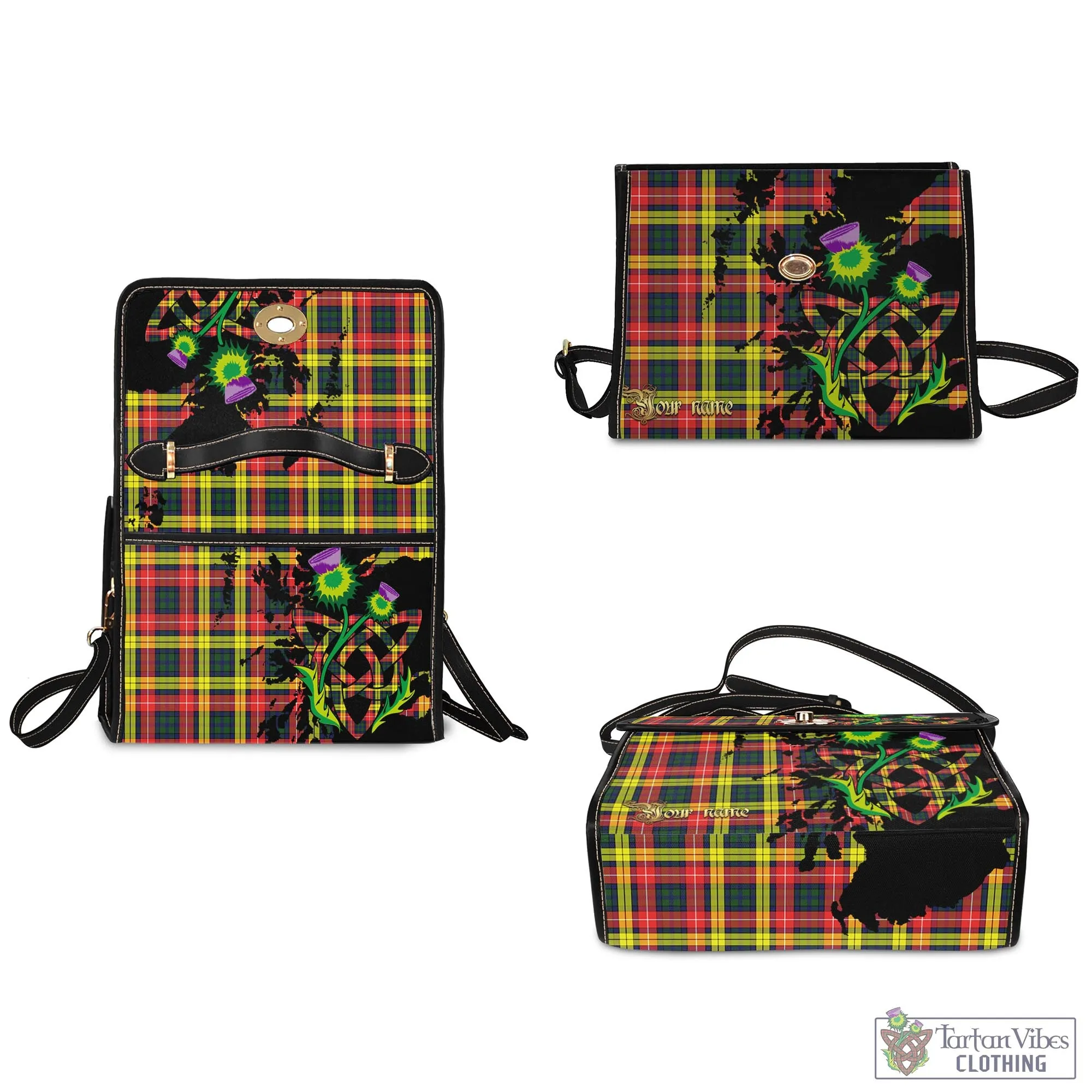 Buchanan Modern Tartan Waterproof Canvas Bag with Scotland Map and Thistle Celtic Accents