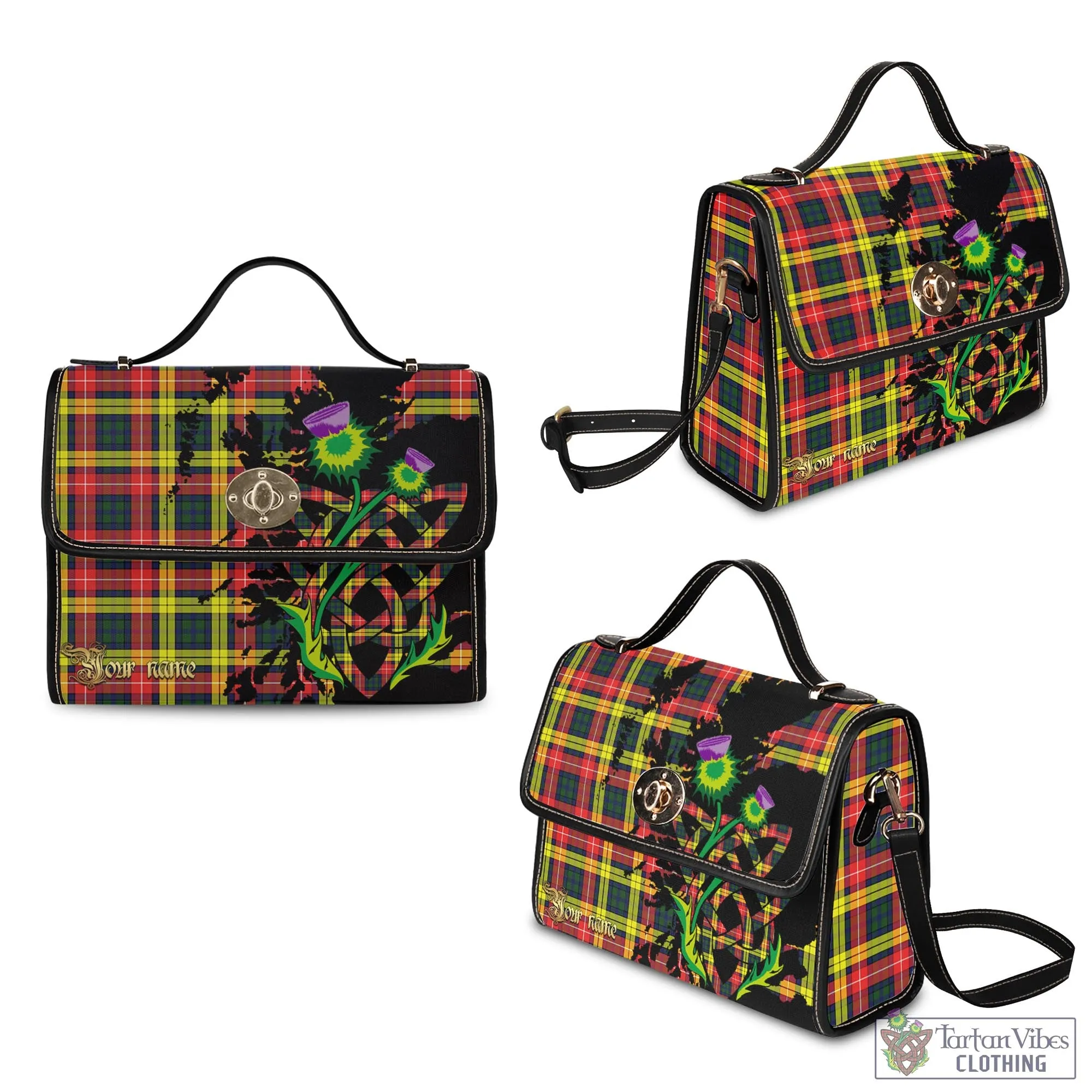 Buchanan Modern Tartan Waterproof Canvas Bag with Scotland Map and Thistle Celtic Accents