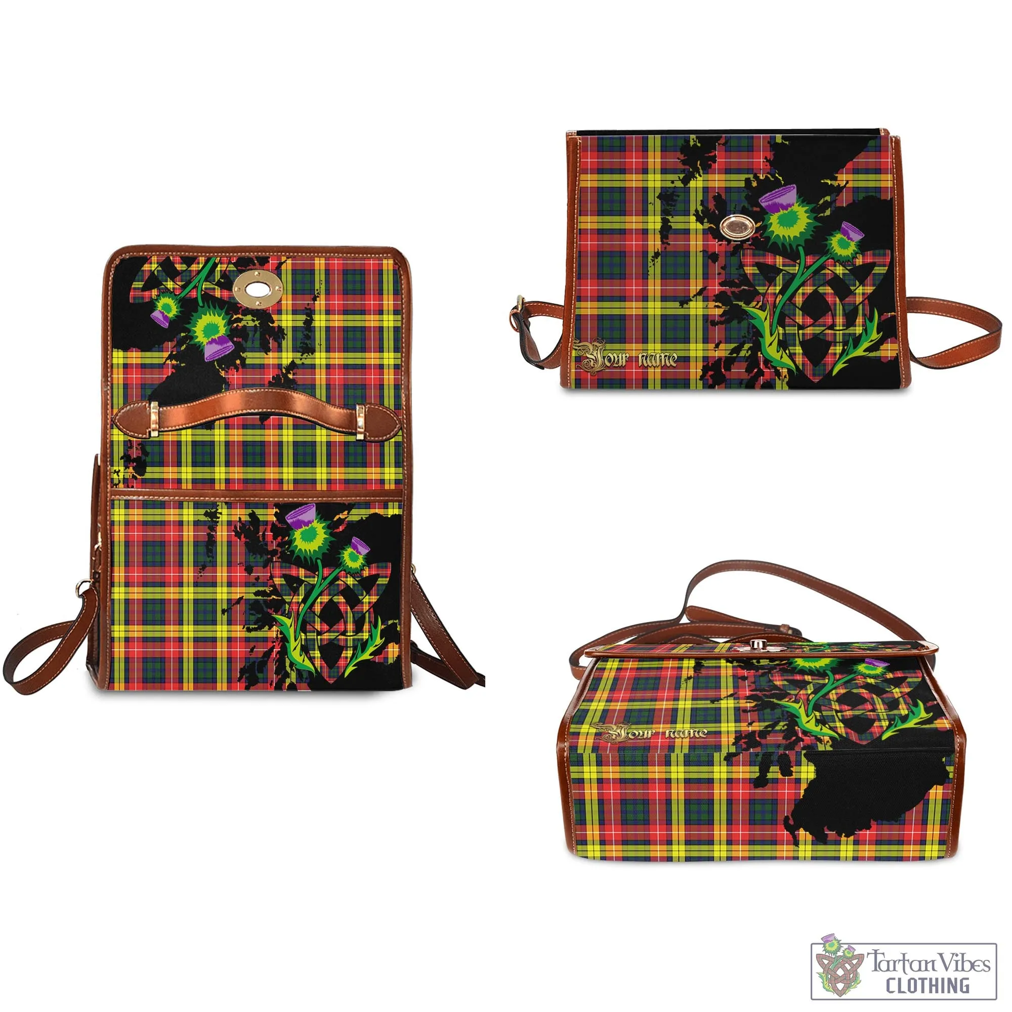 Buchanan Modern Tartan Waterproof Canvas Bag with Scotland Map and Thistle Celtic Accents