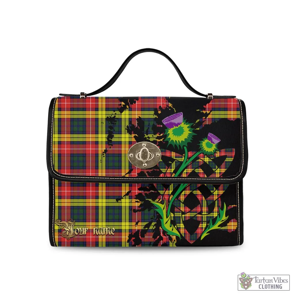 Buchanan Modern Tartan Waterproof Canvas Bag with Scotland Map and Thistle Celtic Accents