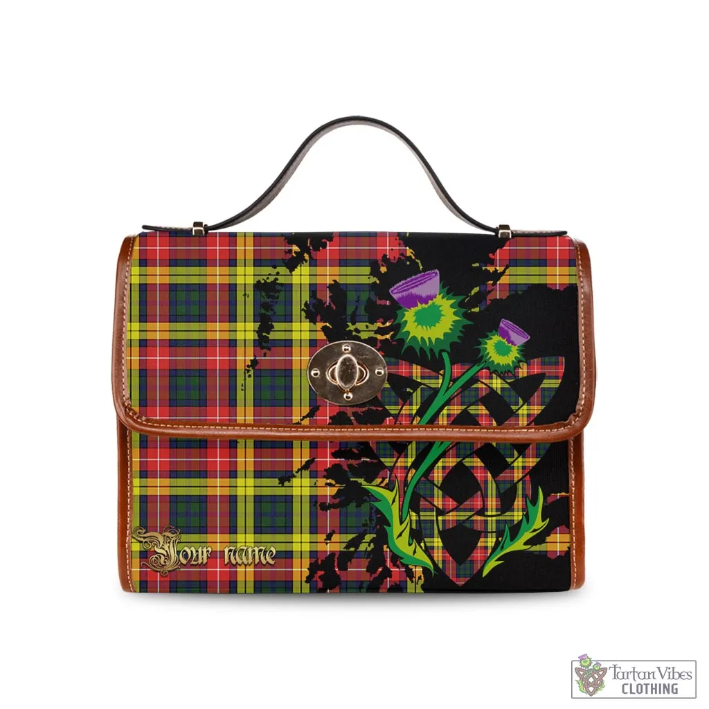 Buchanan Modern Tartan Waterproof Canvas Bag with Scotland Map and Thistle Celtic Accents