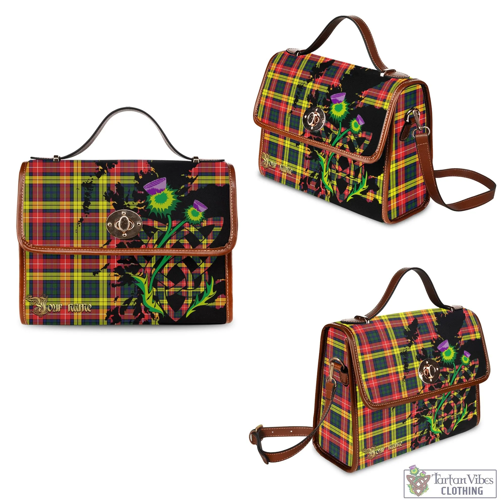 Buchanan Modern Tartan Waterproof Canvas Bag with Scotland Map and Thistle Celtic Accents