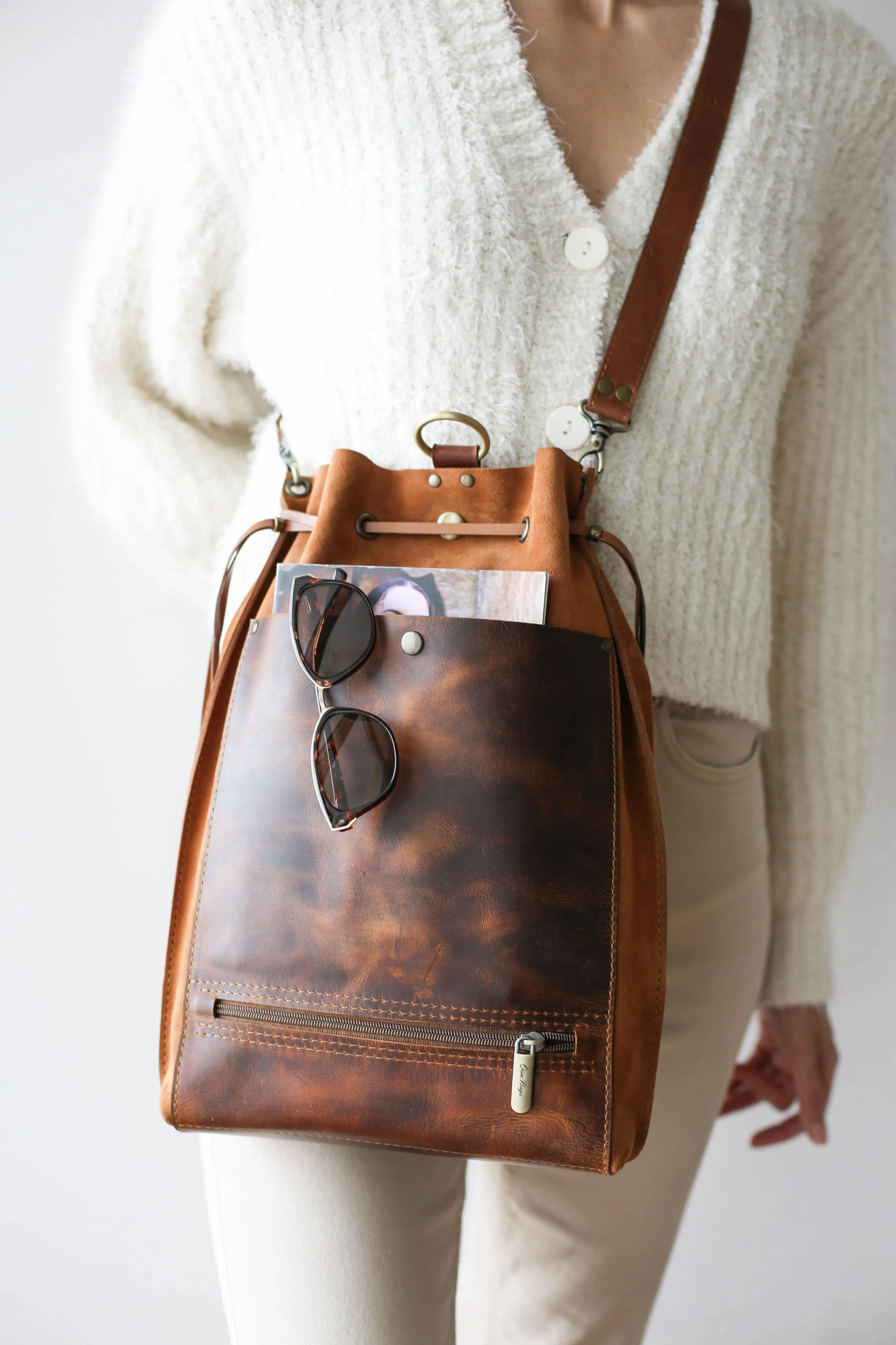 Coffee Brown Leather Backpack Purse