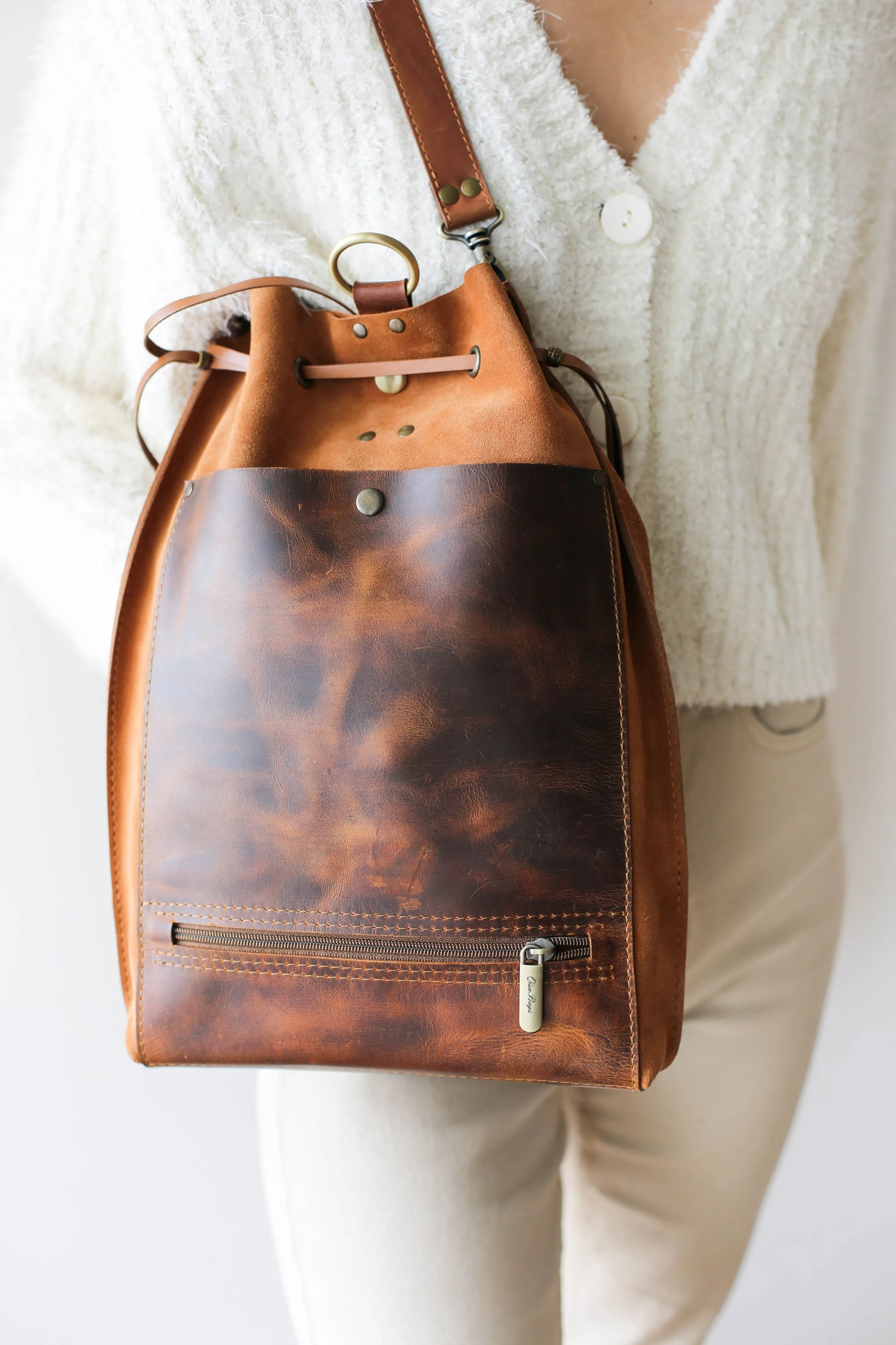 Coffee Brown Leather Backpack Purse