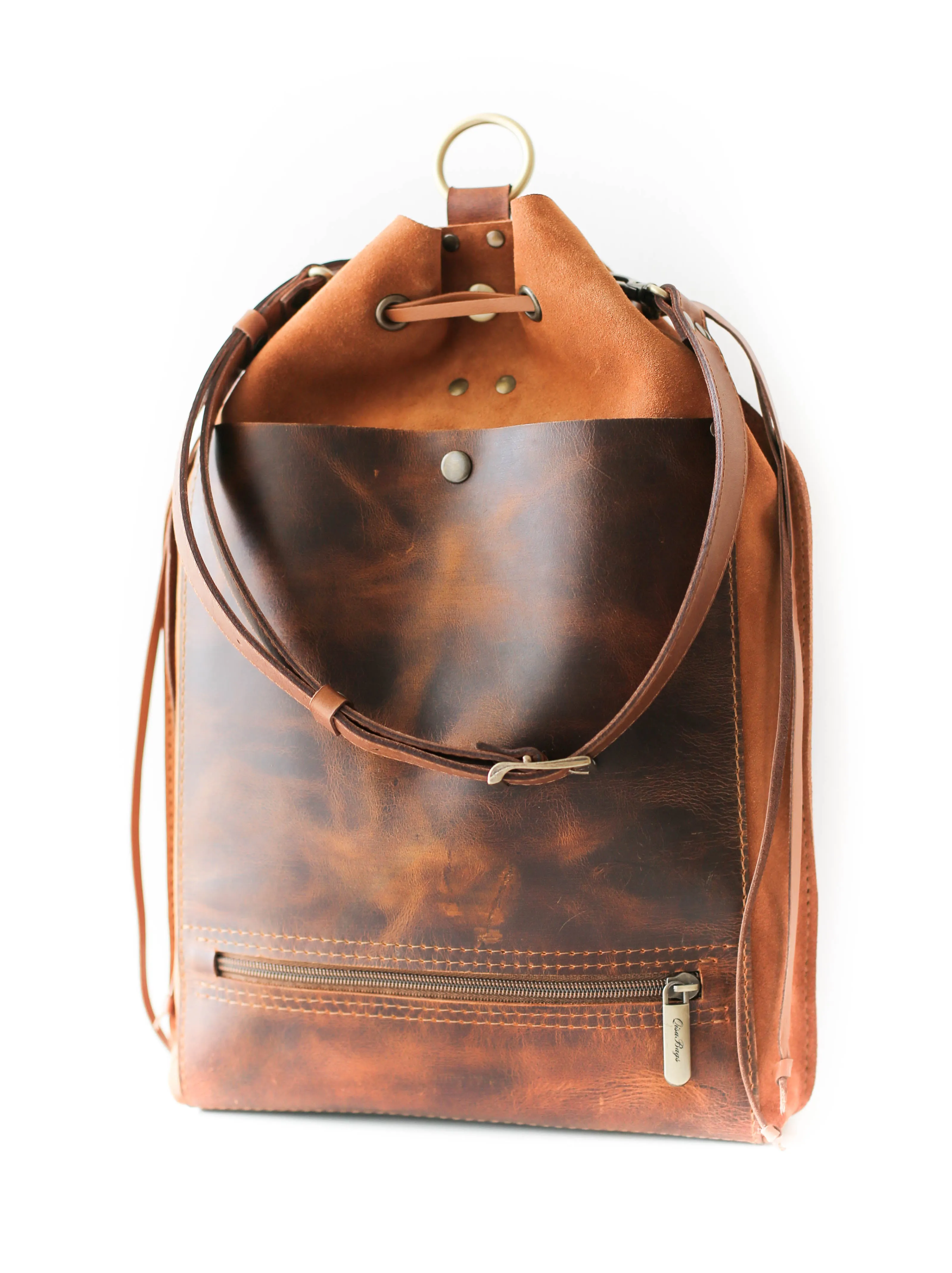 Coffee Brown Leather Backpack Purse