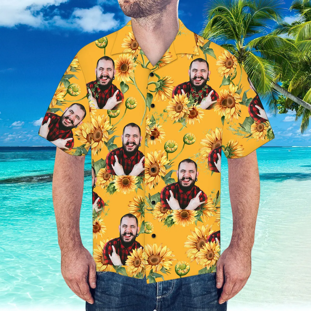 Custom Face Hawaiian Shirt Sunflower Pattern Hawaiian Shirt for Beach Party