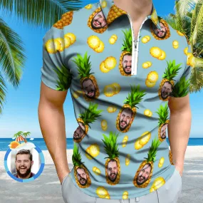 Custom Face Polo Shirt with Zipper Personalised Funny Pineapple Pattern Men's Polo Shirt