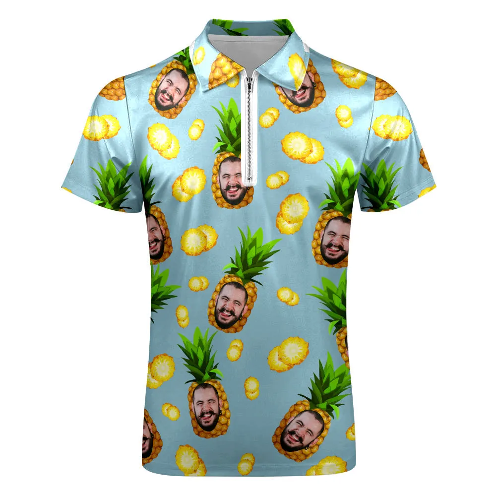 Custom Face Polo Shirt with Zipper Personalised Funny Pineapple Pattern Men's Polo Shirt