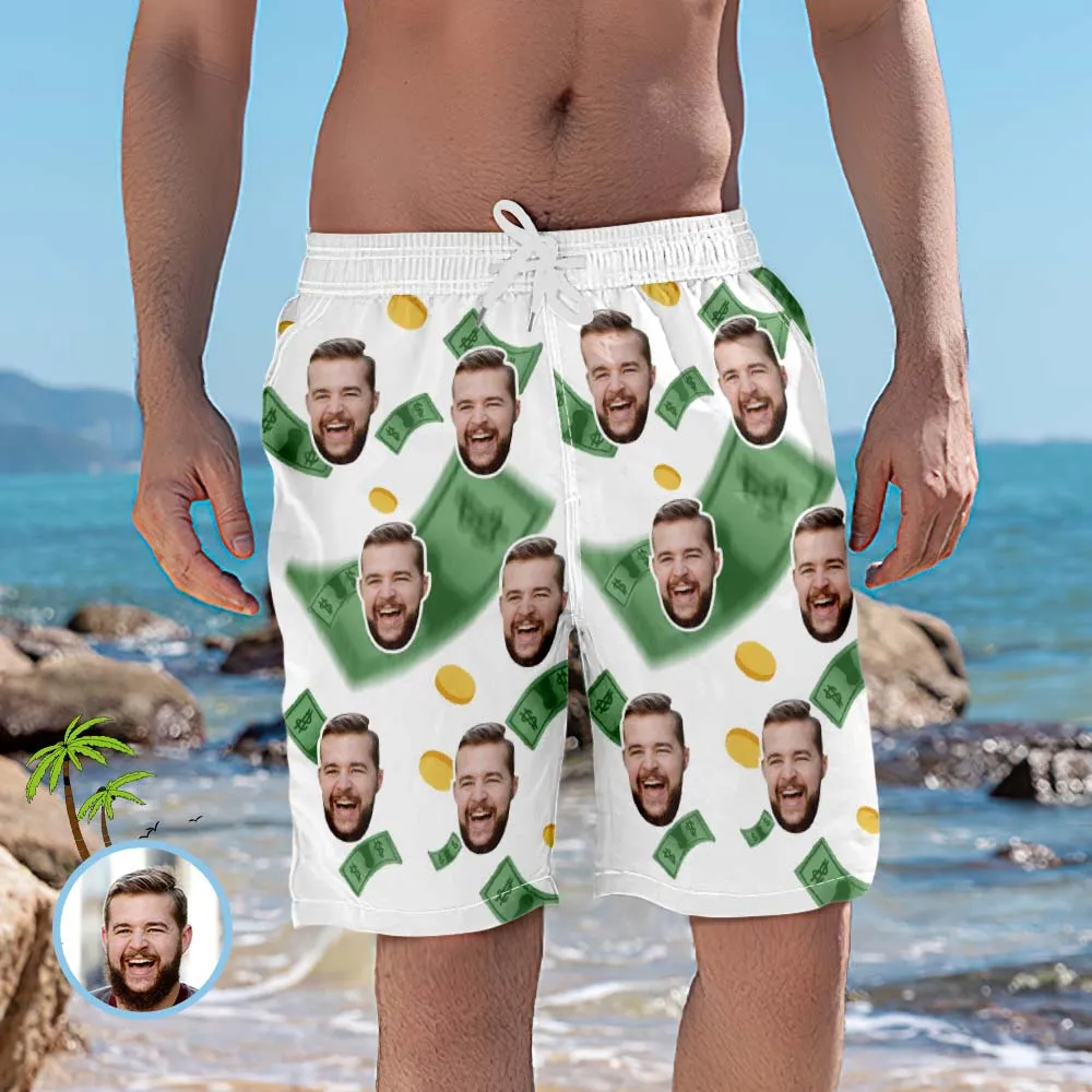 Custom Head Photo Get Rich Men's Beach Trunks