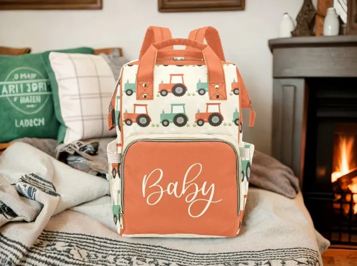 Designer Baby Bag Backpack - Tractors And Farm In Orange Tones Multi-Function Backpack