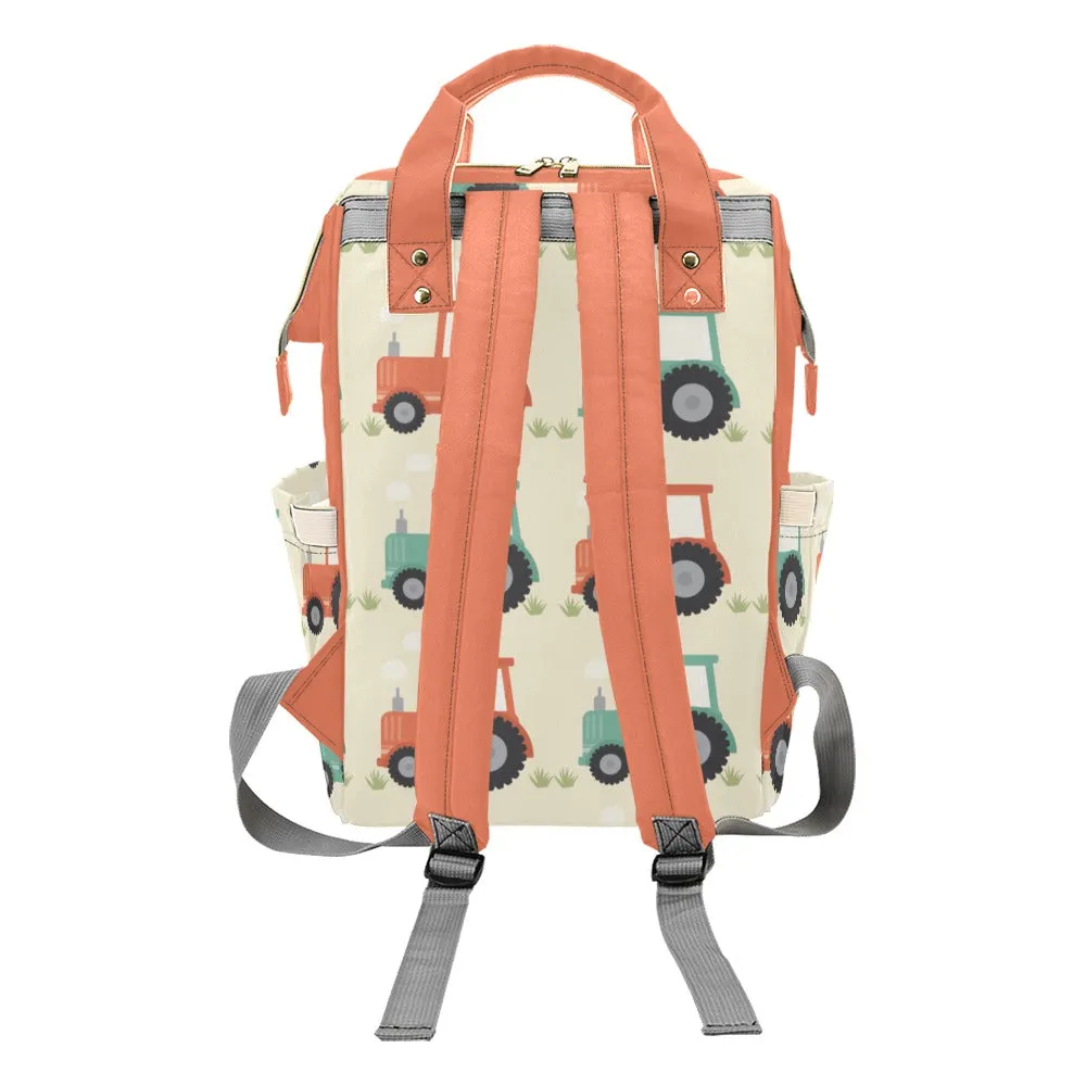 Designer Baby Bag Backpack - Tractors And Farm In Orange Tones Multi-Function Backpack