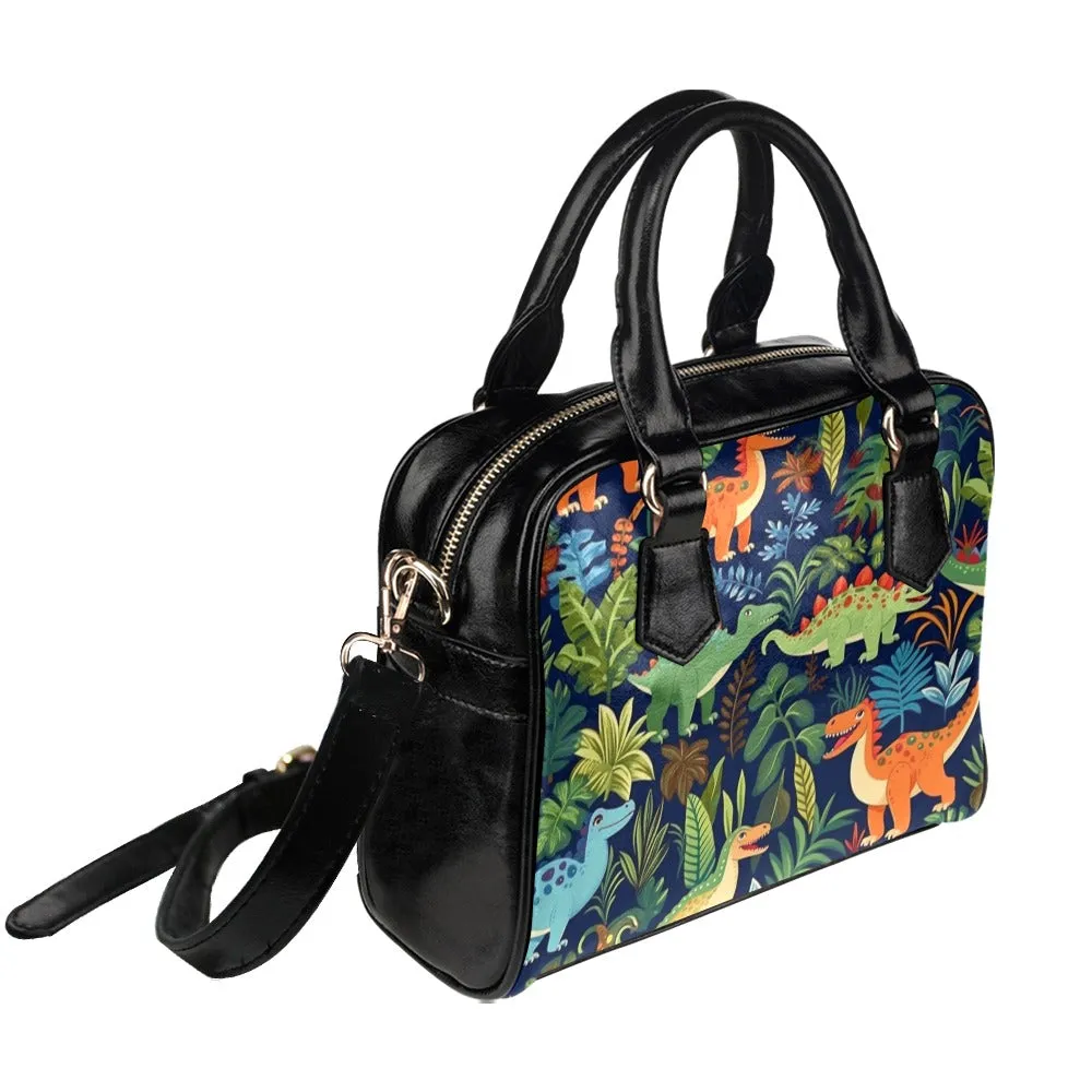 Dinosaur Purse, Tropical Dino Pattern Cute Small Shoulder Zip Bag Vegan Leather Women Designer Handbag Crossbody