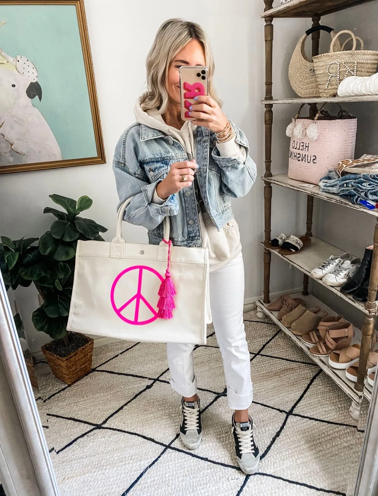 East West Bag: Natural with JUMBO NEON PINK PEACE SIGN