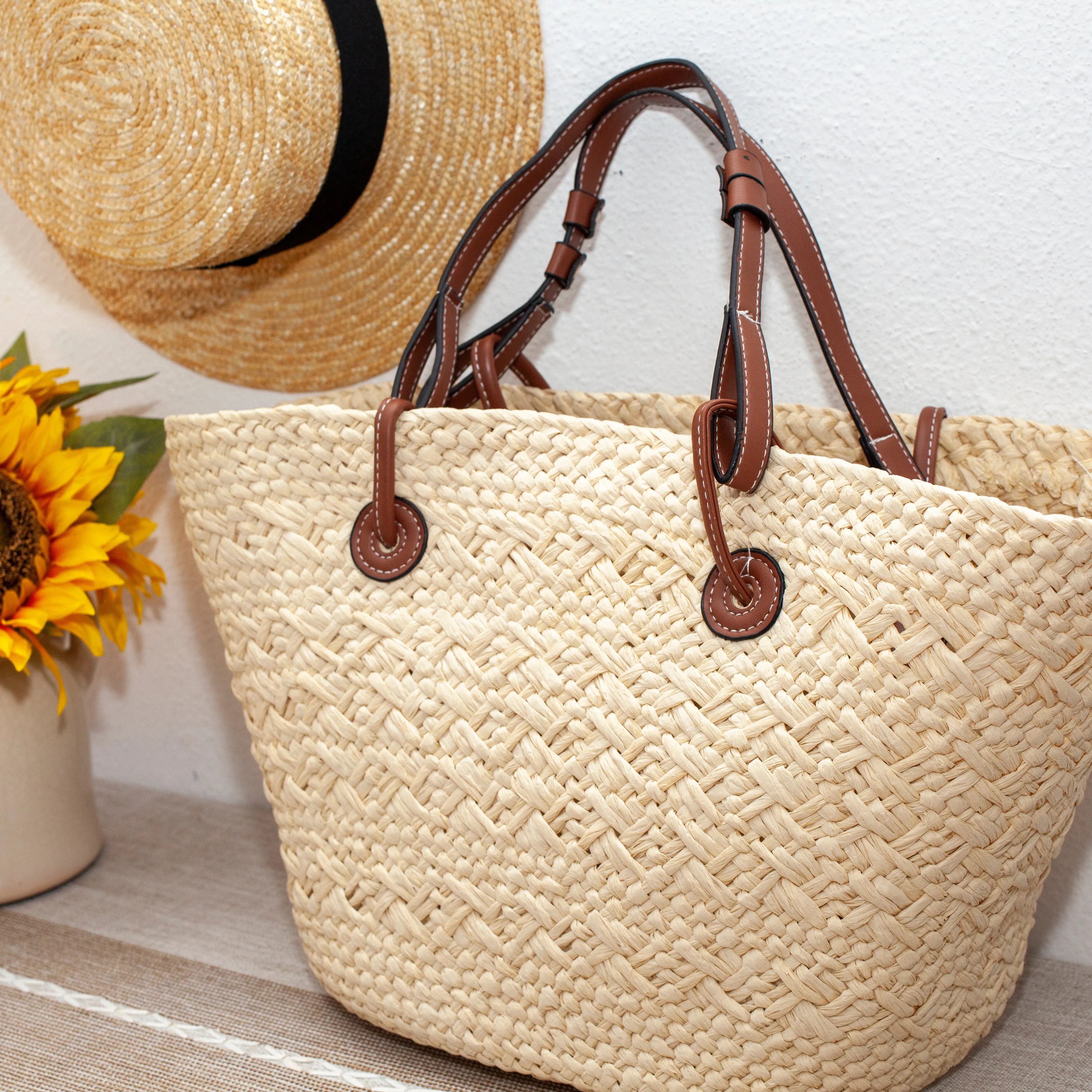 Elena Handbags Straw Basket Summer Beach Tote