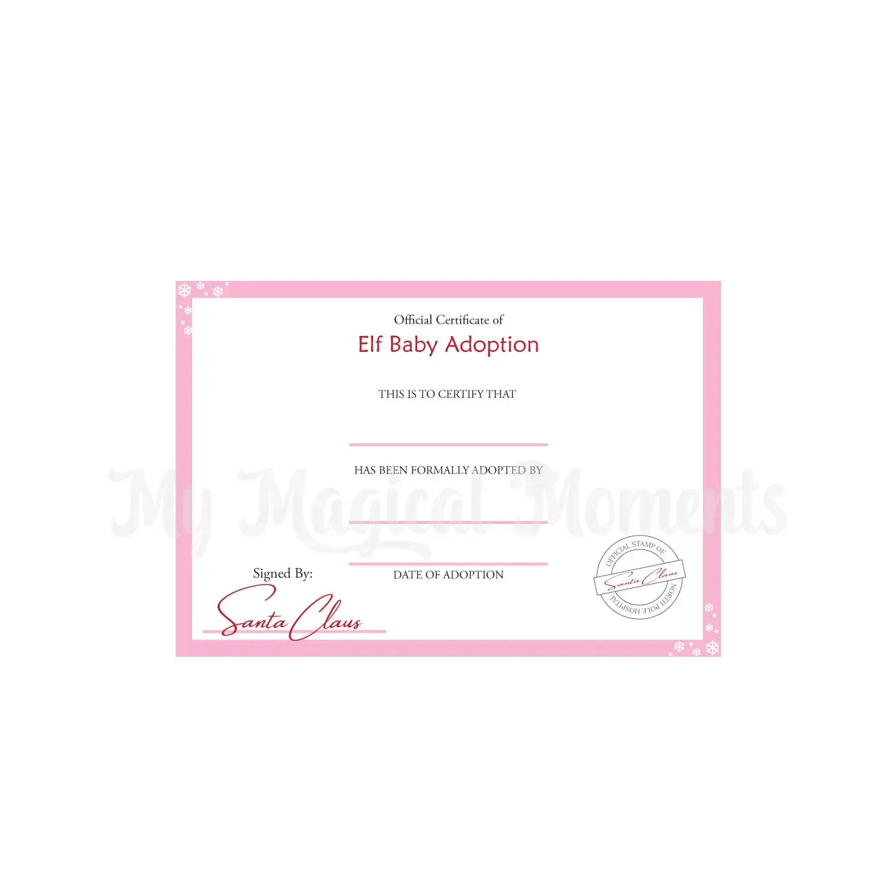 Elf Baby Adoption Certificate - Pink